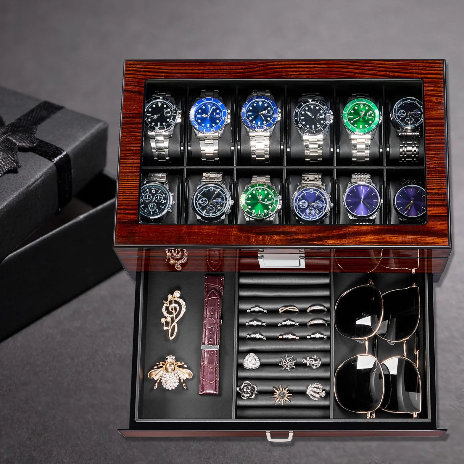 BEWISHOME Caja para 12 relojes de lujo con tapa de cristal y bisagra de metal, marrón