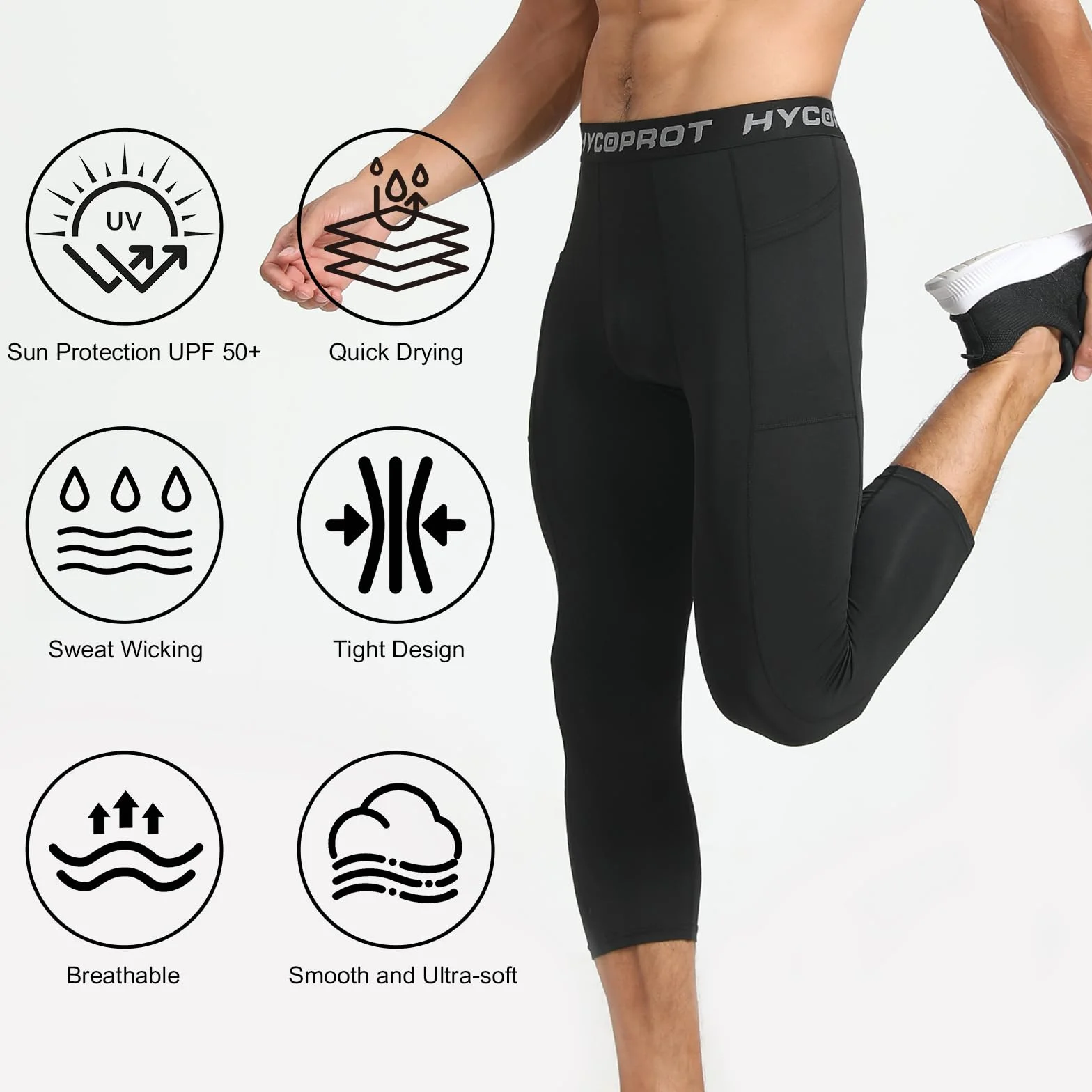 HYCOPROT 3/4 Pantalones de Compresión para Hombres con Bolsillos, Deportivos para Correr, Entrenamiento, Yoga y Baloncesto