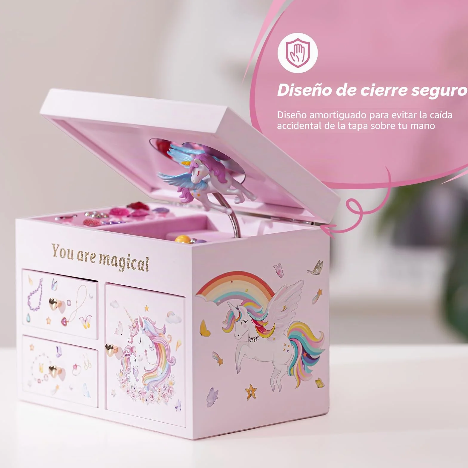 Lolalet Joyero de Madera para Niñas, Organizador de Joyería con Unicornio, Caja para Collar, Pendientes, Pulsera, Reloj, Pintalabios y Anillo - Rosa
