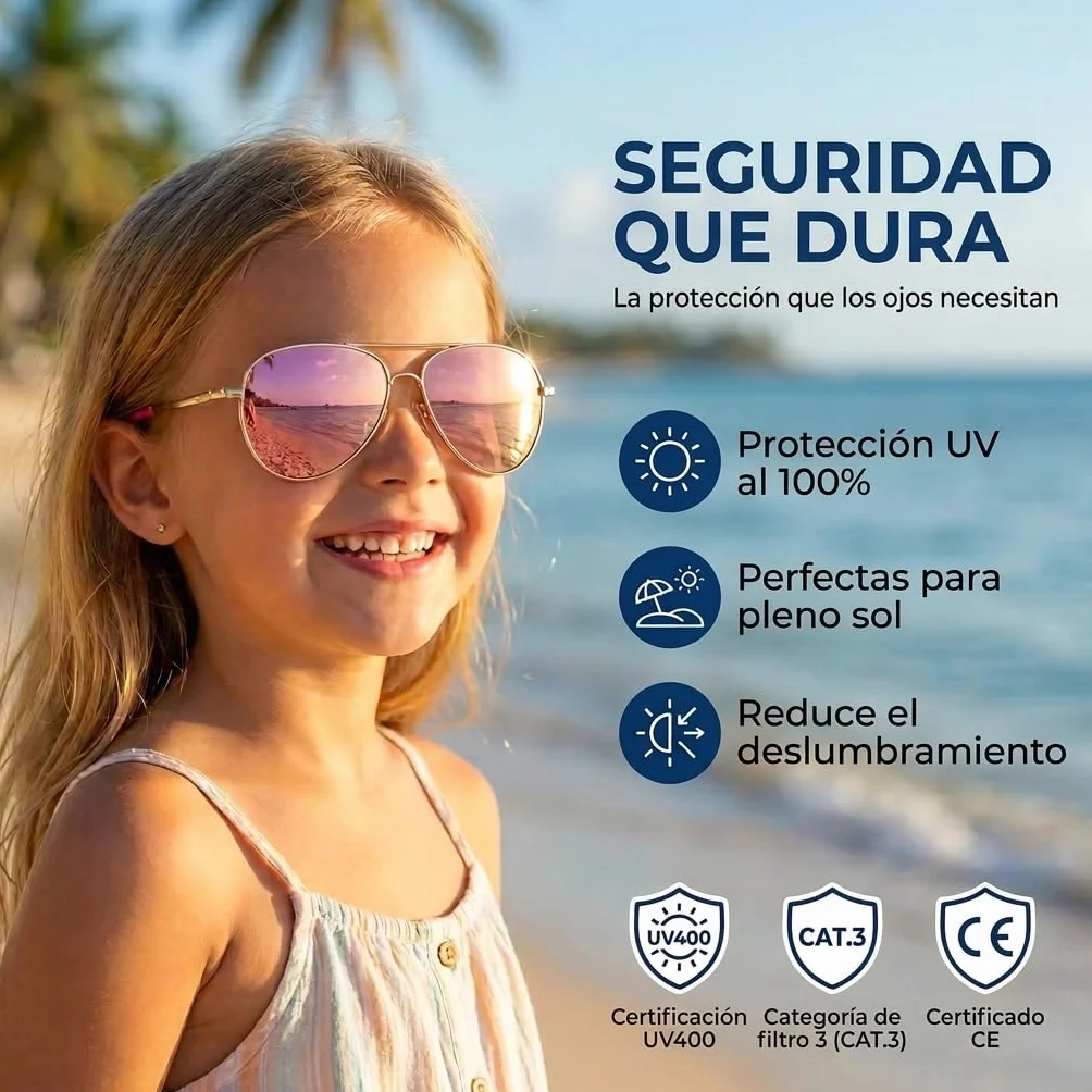 Kiddus Gafas de Sol Polarizadas Niño Niña UV400 CAT3 Protección Solar Infantil Montura Metálica