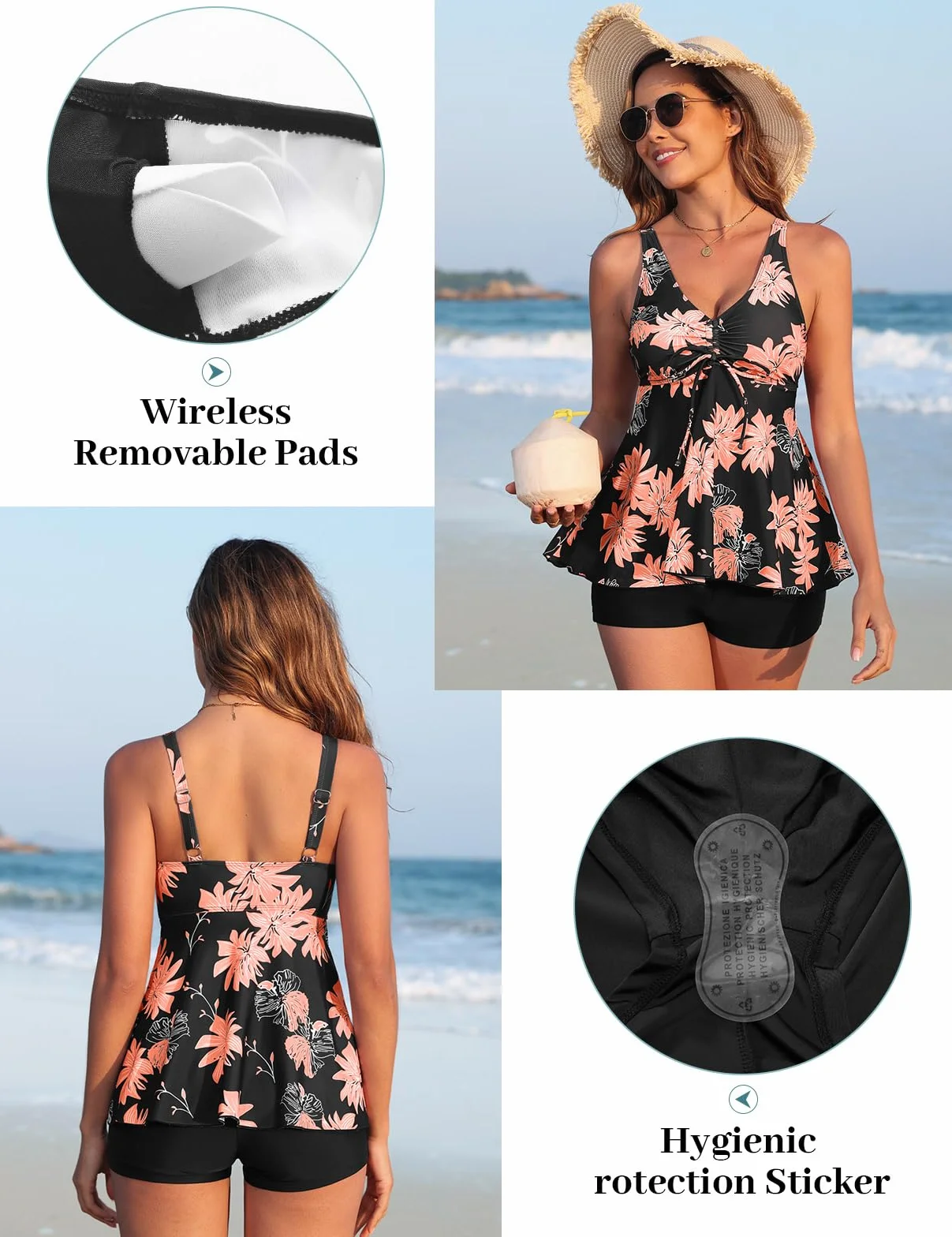 Nadeer Tankinis Mujer Traje de Baño 2 Piezas Cuello en V Push up Bikini Set Estampado Floral con Pantalones Cortos
