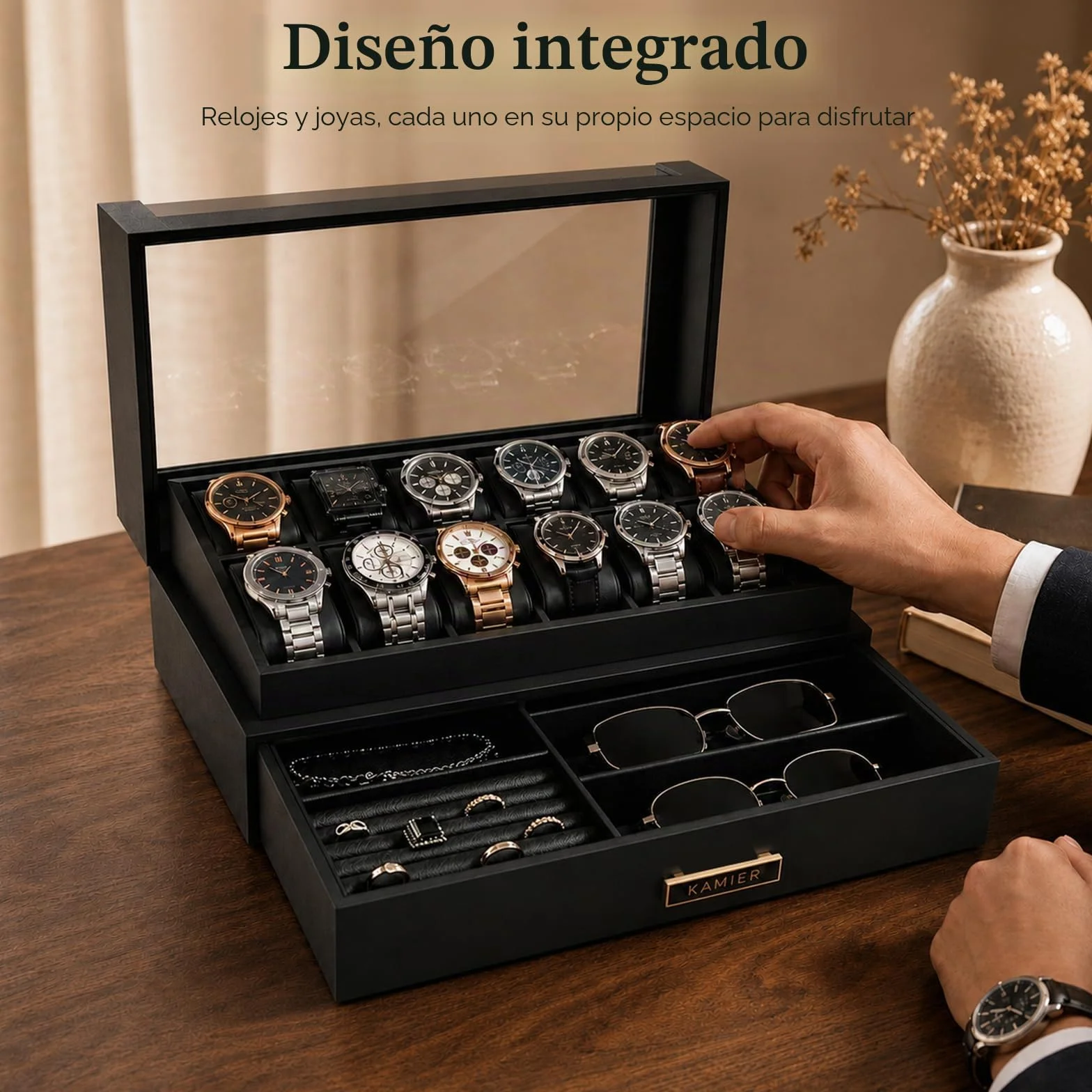 Caja de reloj de madera 12 ranuras con cajón, exhibición con tapa de cristal, soporte 2 capas para almacenamiento de joyas