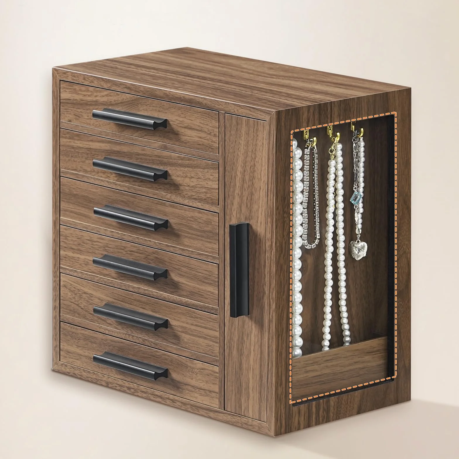 HOOBRO Caja Joyero de Madera 6 Niveles con Ventana Lateral Nogal y Negro