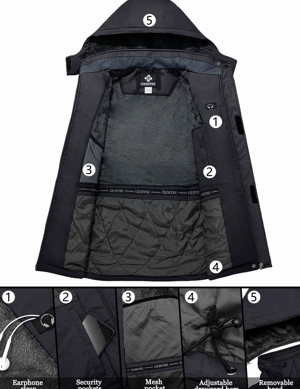 GEMYSE Chaqueta esquí hombre cortaviento capucha snowboard impermeable forrada funcional