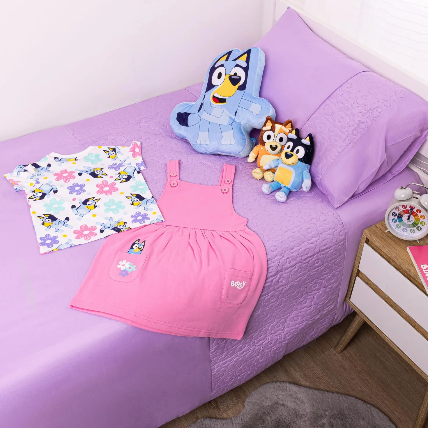 Bluey Conjunto de vestido y camiseta para niñas Rosa con bolsillos Algodón suave