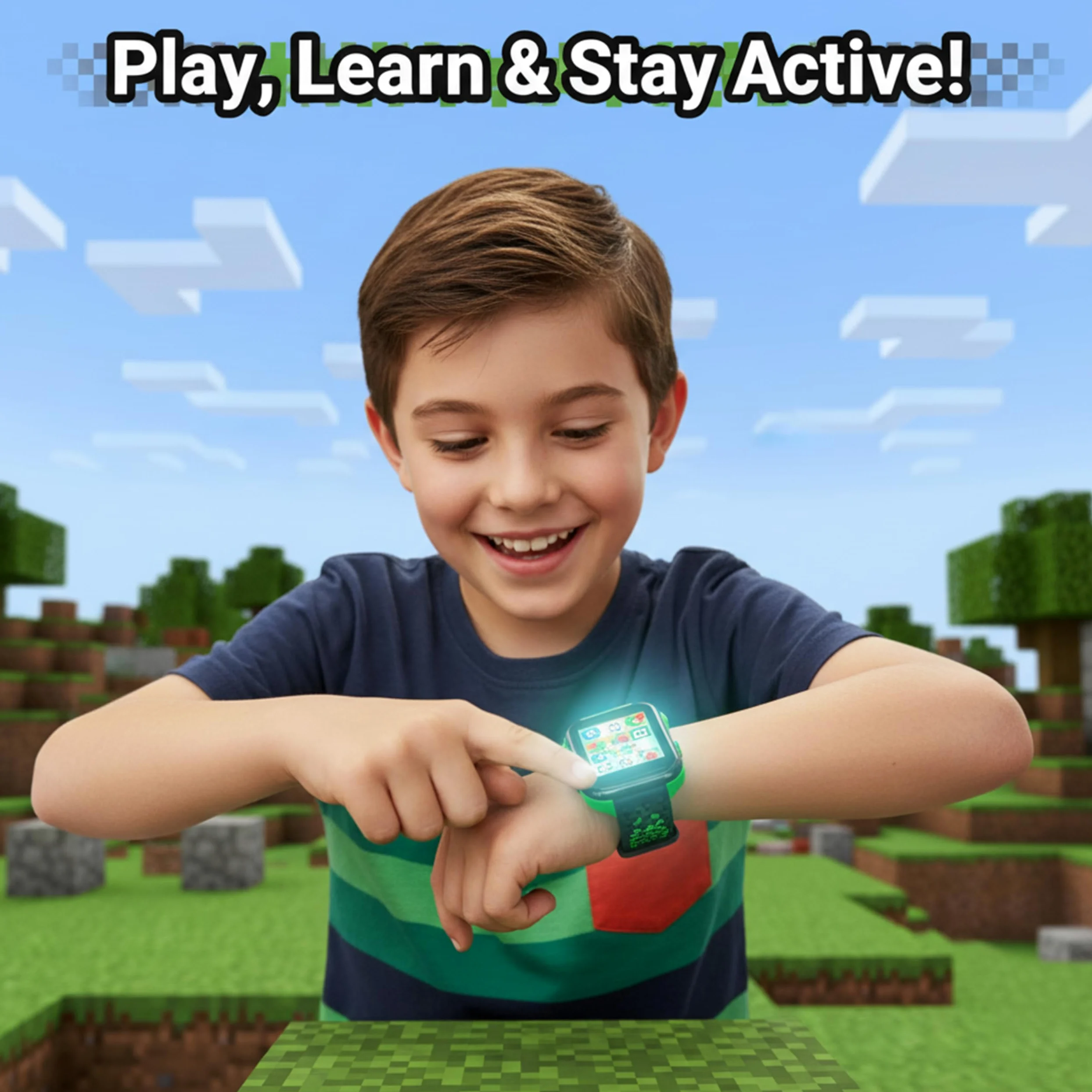 SRV Hub Minecraft - Reloj digital educativo - Reloj inteligente LED para niños con 5 divertidos juegos de aprendizaje, temporizador, alarma, cronómetro, 10 caras de reloj, correa de silicona azul - A