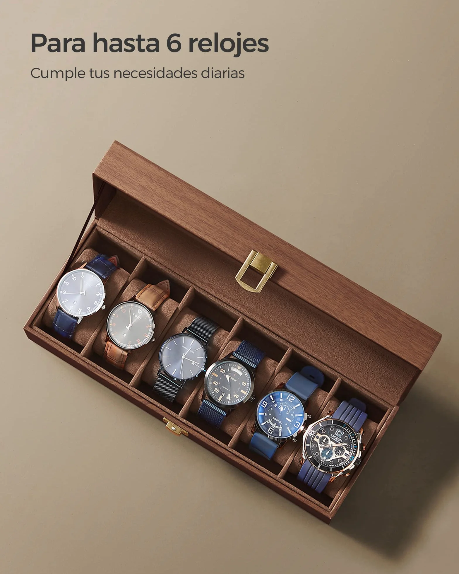 SONGMICS Caja de Relojes 6 Compartimentos, Estuche con Tapa de Cristal, Cuero Sintético Marrón JWB006K01