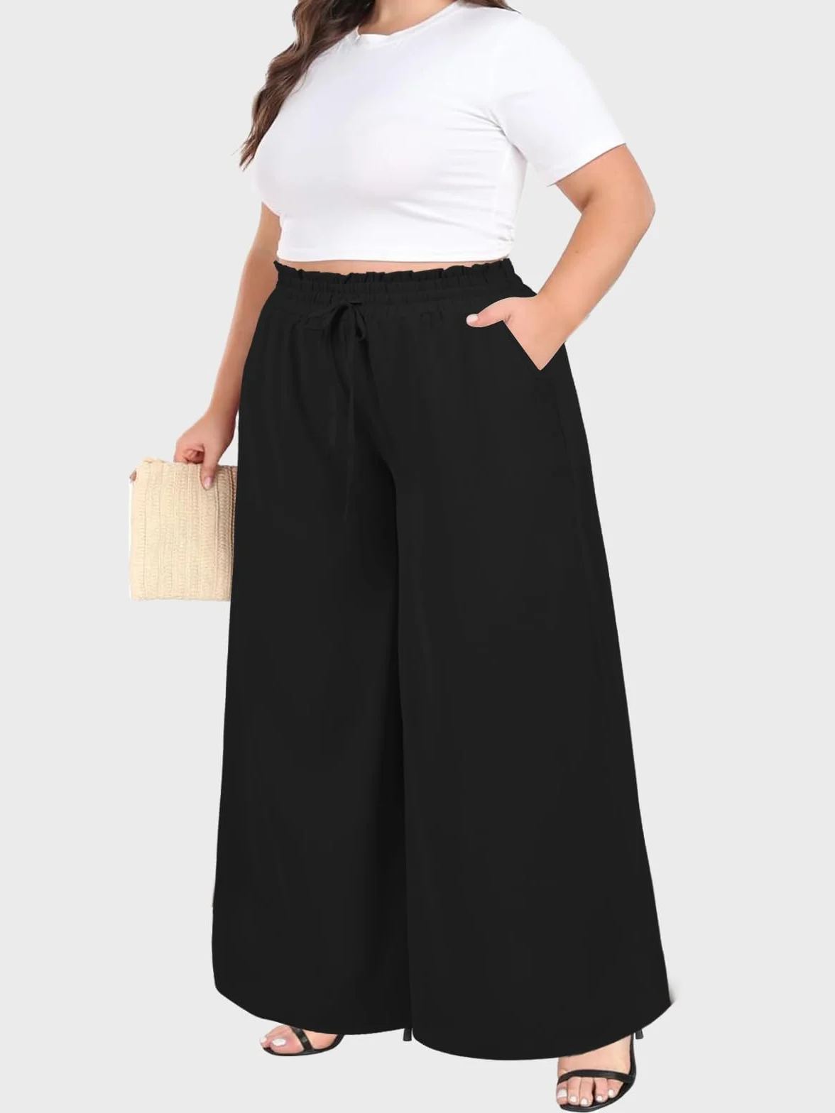 Moon Wood Pantalones Palazzo Mujer Talla Grande Cintura Alta Elástico Verano