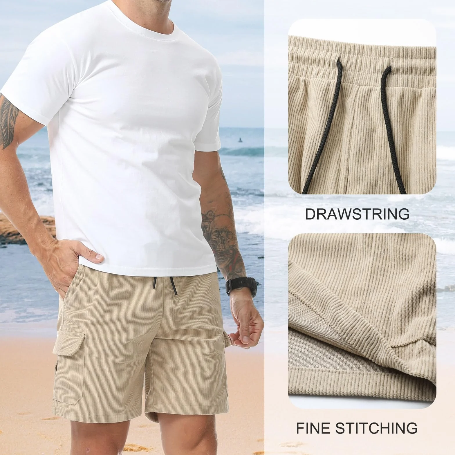 Pantalones Cortos de Pana Cargo Hombre Bermuda con Bolsillos