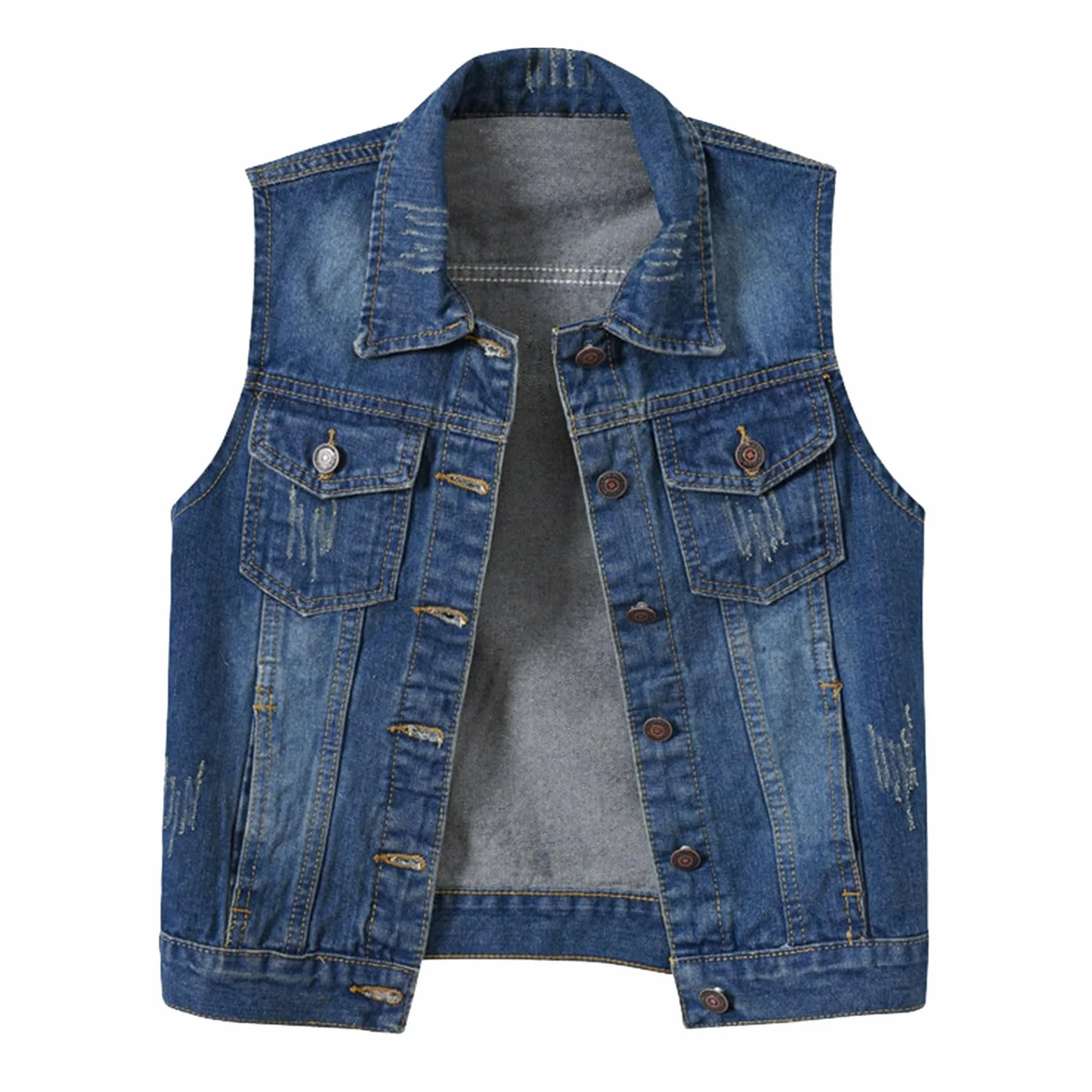 Chaleco vaquero sin mangas para mujer, chaqueta vaquera para otoño e invierno, efecto de lavado, botón hacia abajo, chaleco azul oscuro, chaqueta vaquera, chaqueta vaquera, chaqueta vaquera,