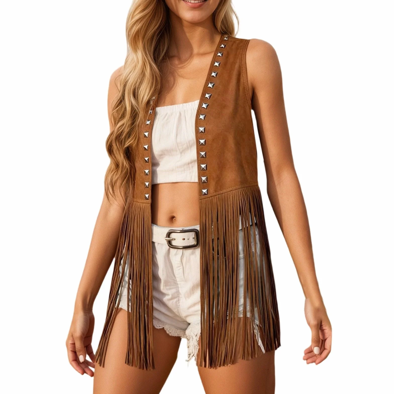 Disfraz Hippie Mujer Chaleco de Flecos Gamuza Sintética sin Mangas Borlas Chaqueta Bohemio Años 70