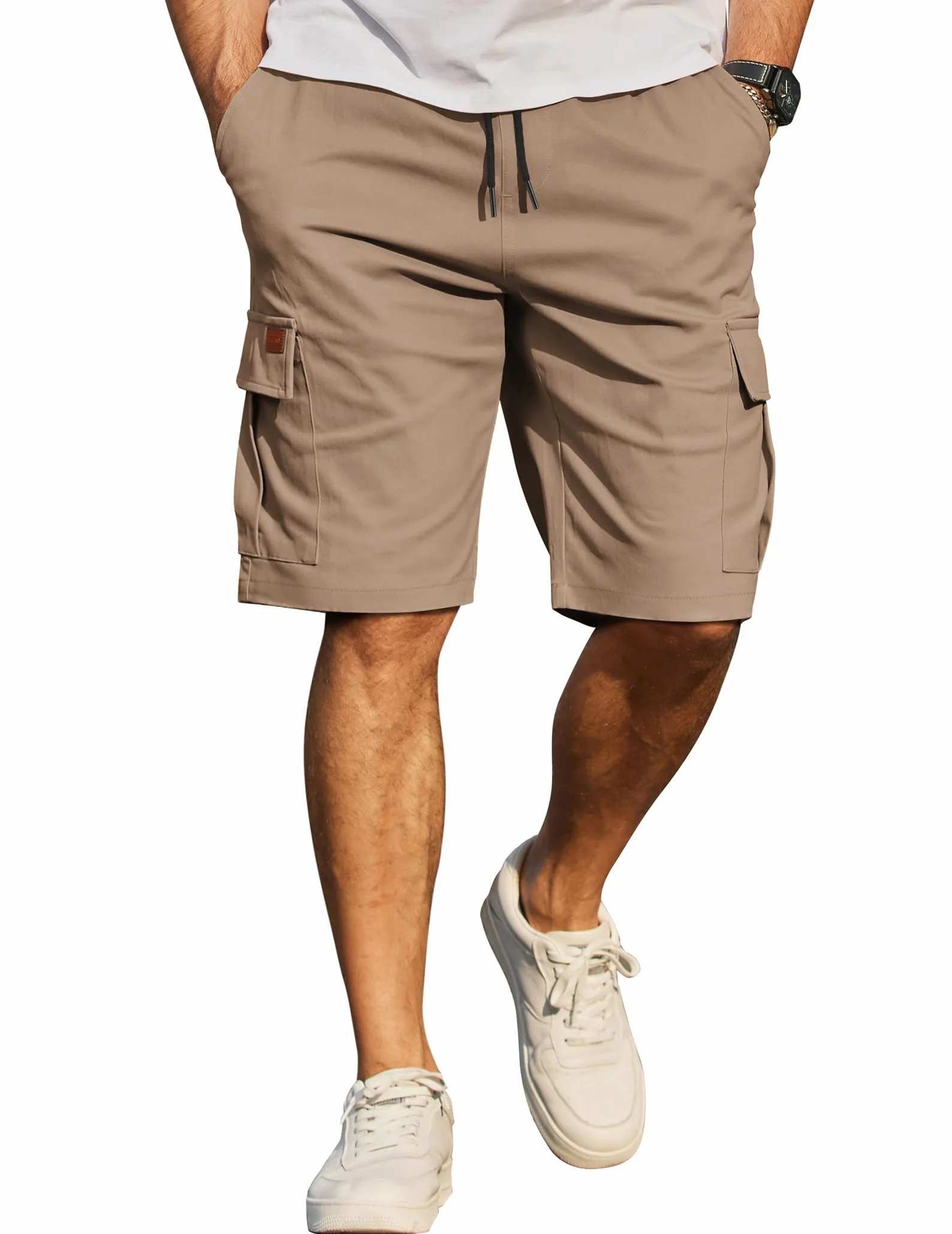 Pantalones Cortos Hombre Algodón Cargueros Cintura Elástica Verano con Bolsillos S-3XL
