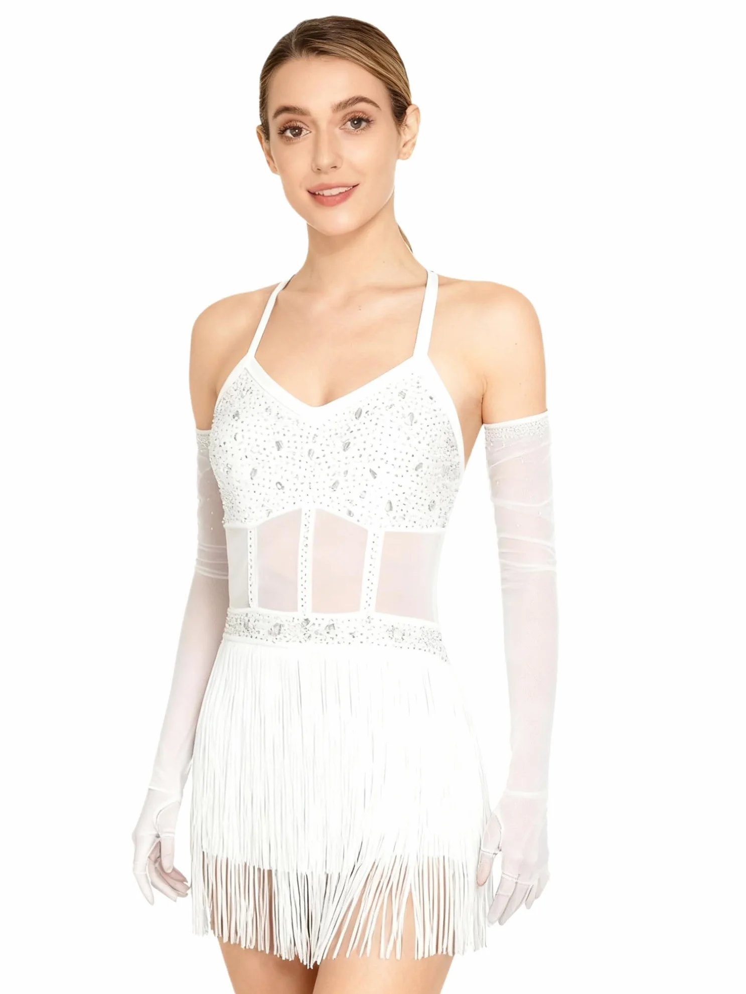 JEATHA Maillot De Baile Latino para Mujer Vestido con Flecos Lentejuelas Traje De Baile Salsa Cha Cha Rumba