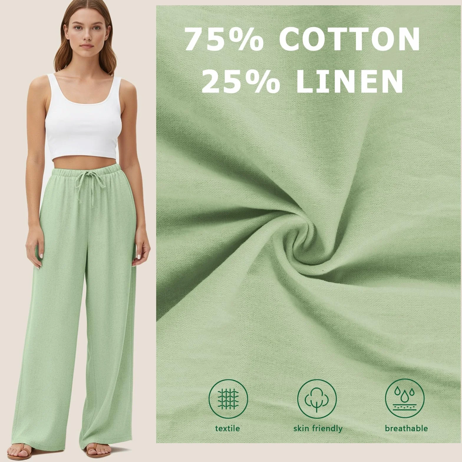 Pantalones Palazzo Mujer Lino Verano Elásticos Anchos con Bolsillos