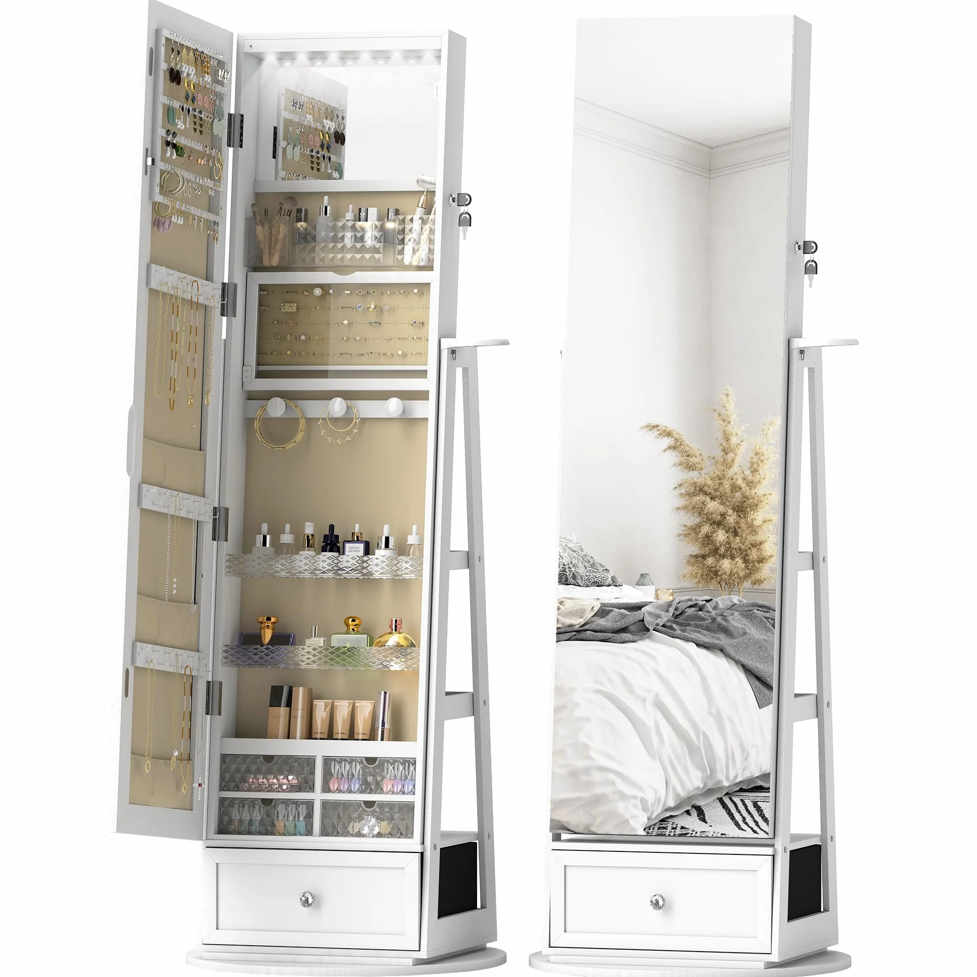 HOMCOM Armario Joyero de Pie con Luces LED, Espejo Cuero Entero, Soporte para Secador, Giratorio 360°, Cajón, Cerradura, Blanco y Beige