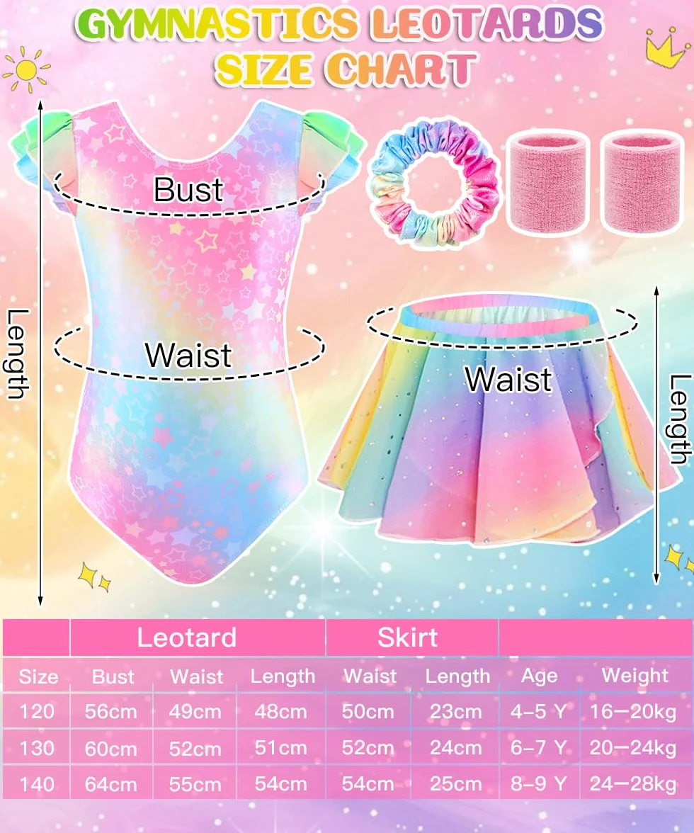 Maillot Gimnasia Rítmica Niña Conjunto 5 Piezas Sin Mangas Falda Cinta Cabello Muñequeras Ballet 4-9 Años
