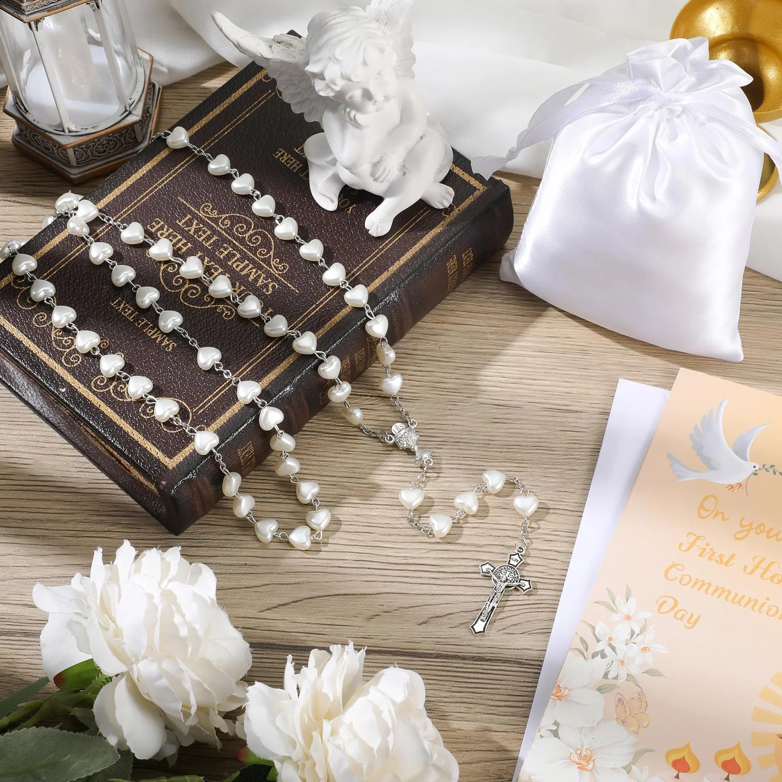 Set de 3 Rosario Corazón Primera Comunión con Tarjetas y Bolsa Cordón Collar Metálico Cruz Perlas Católicas para Niñas Niños Regalo Bautizo