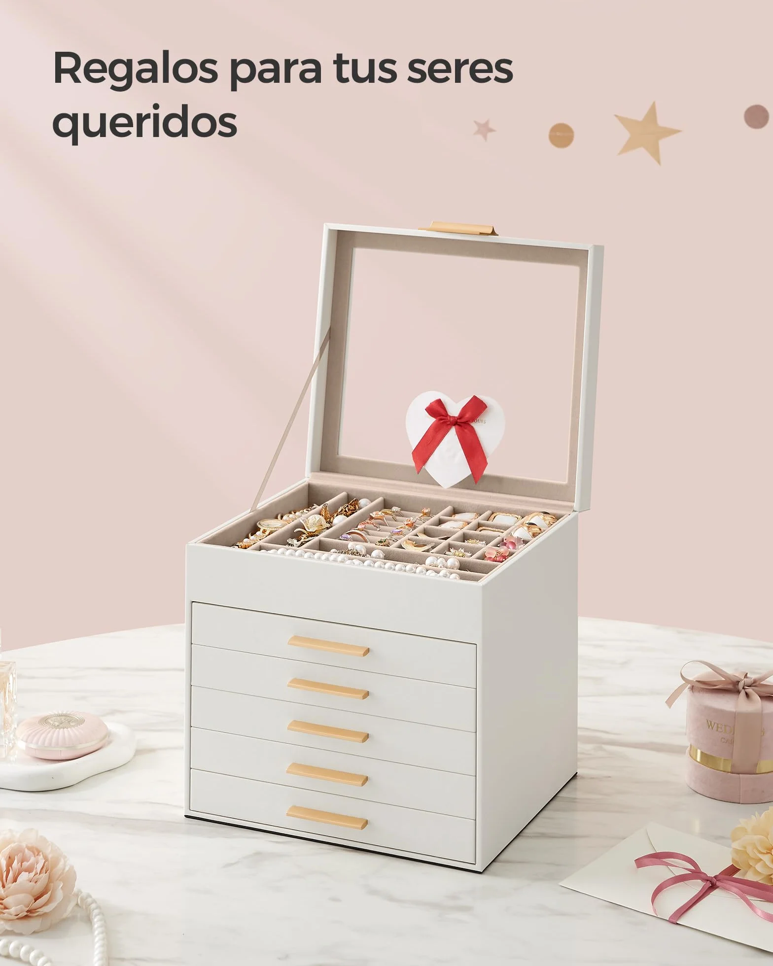 SONGMICS GISELLA Caja de Joyas 6 Niveles 5 Cajones 20,3x23,1x22,8 cm Blanco Nube y Dorado