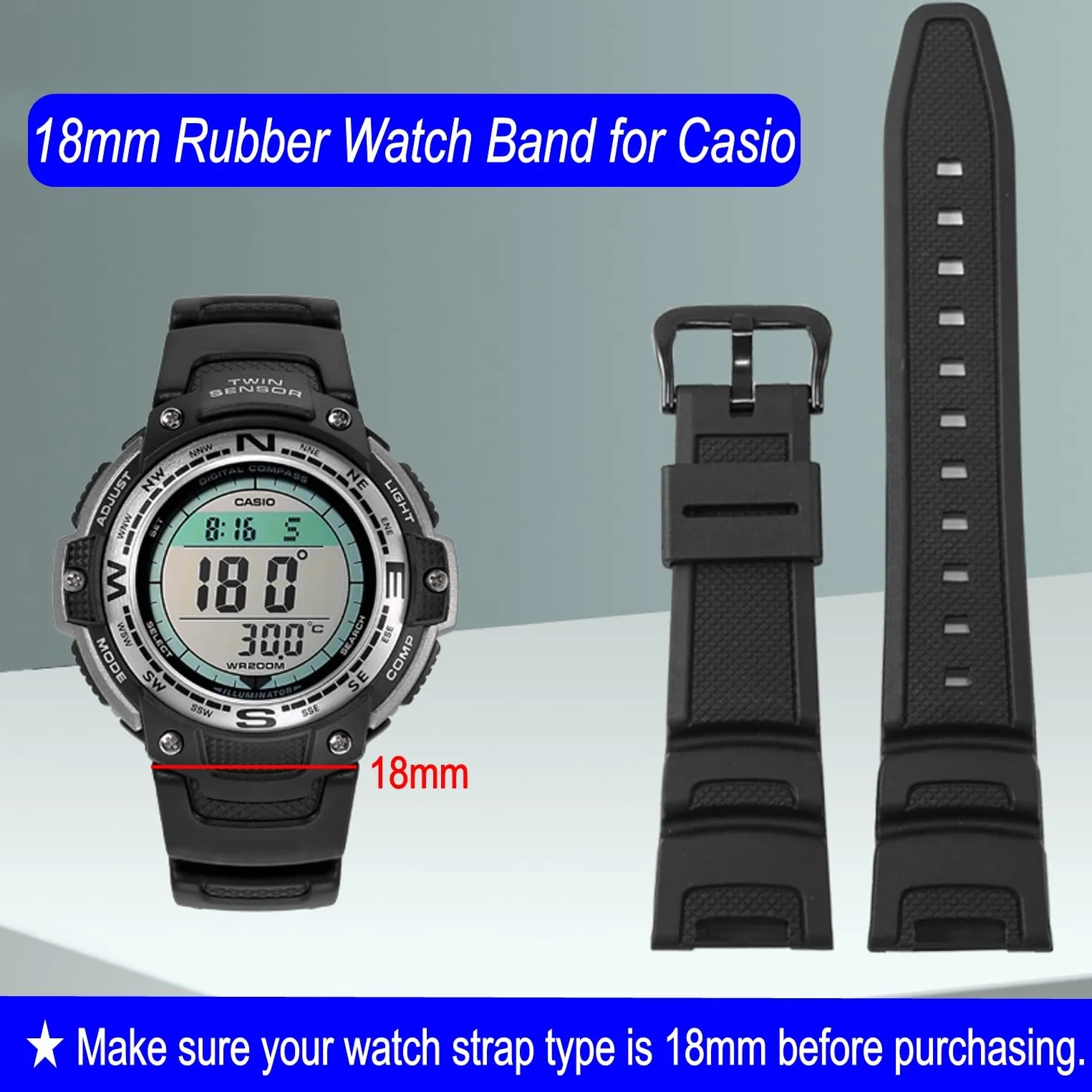 Casio AE-1300 AE-1200 SGW-300H SGW-400H SGW-500H W-218H W-219H MRW-200H Correa repuesto caucho negro 18mm impermeable
