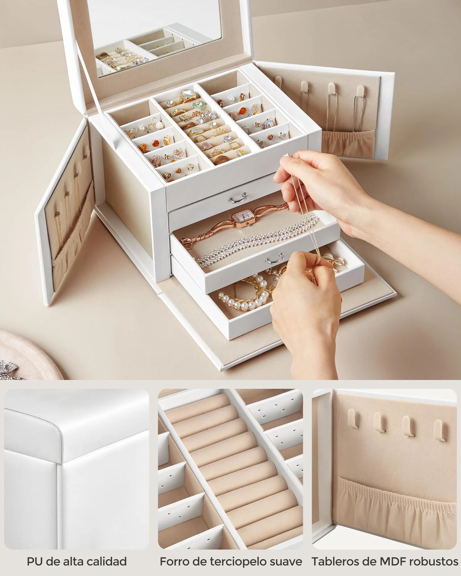 SONGMICS Caja Joyero de 4 Niveles con Asa, 3 Cajones, Espejo, Cerradura, Blanco Nube y Beige Arena JBC159W01