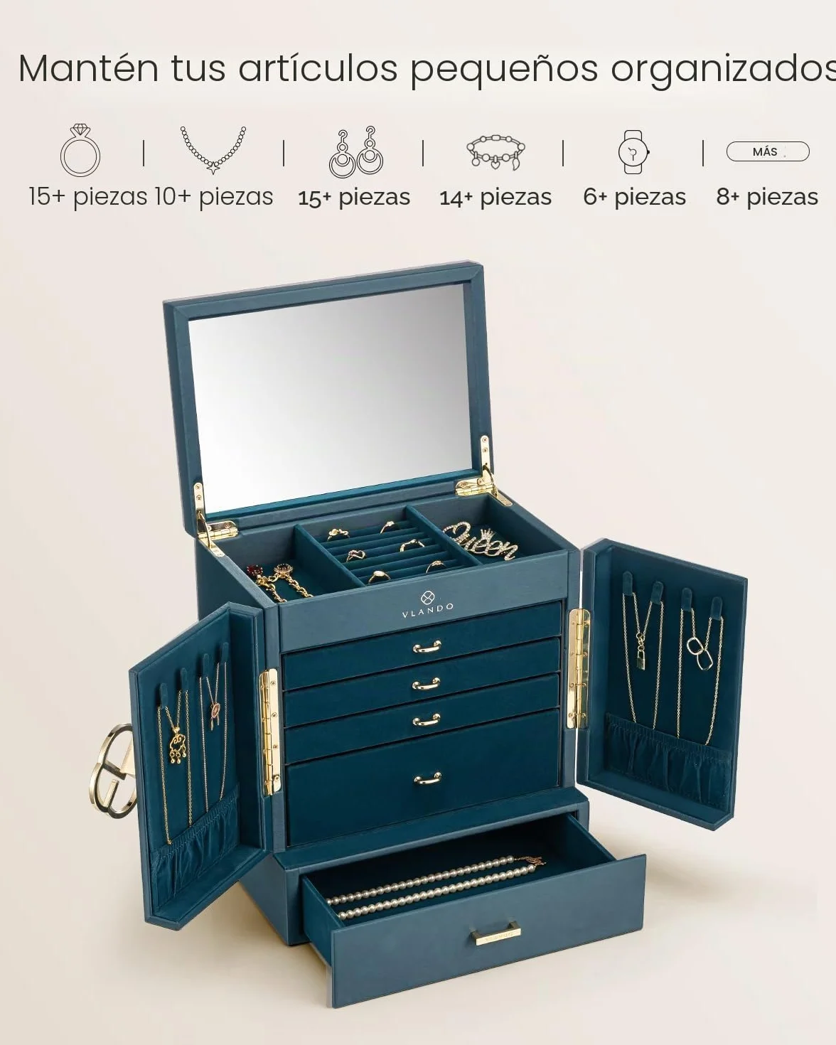 VLANDO Joyero grande vintage 6 niveles con espejo y cajones, organizador de joyas XXL para mujer