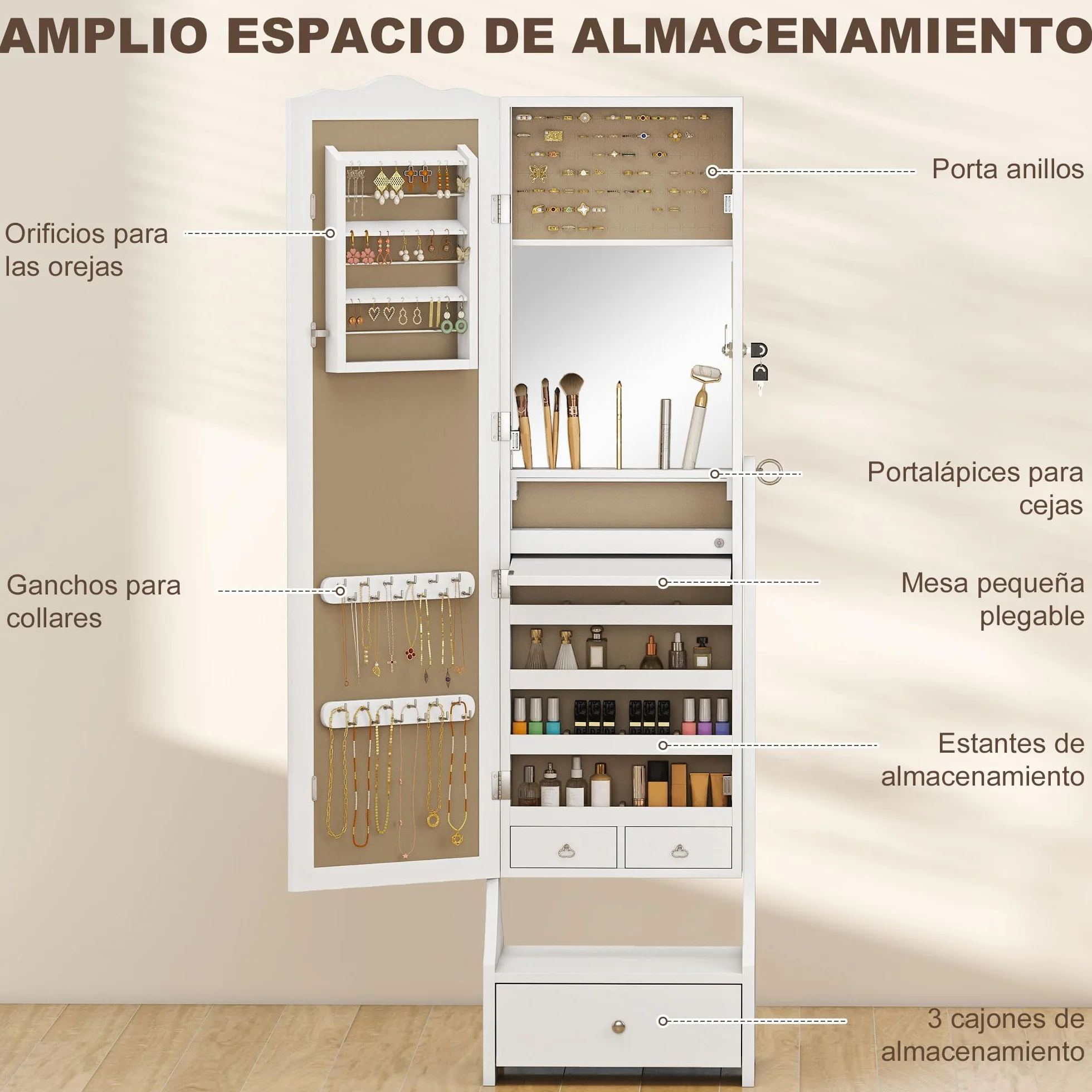 HOMCOM Armario Joyero con Espejo LED, Luces Apagado Automático, Blanco
