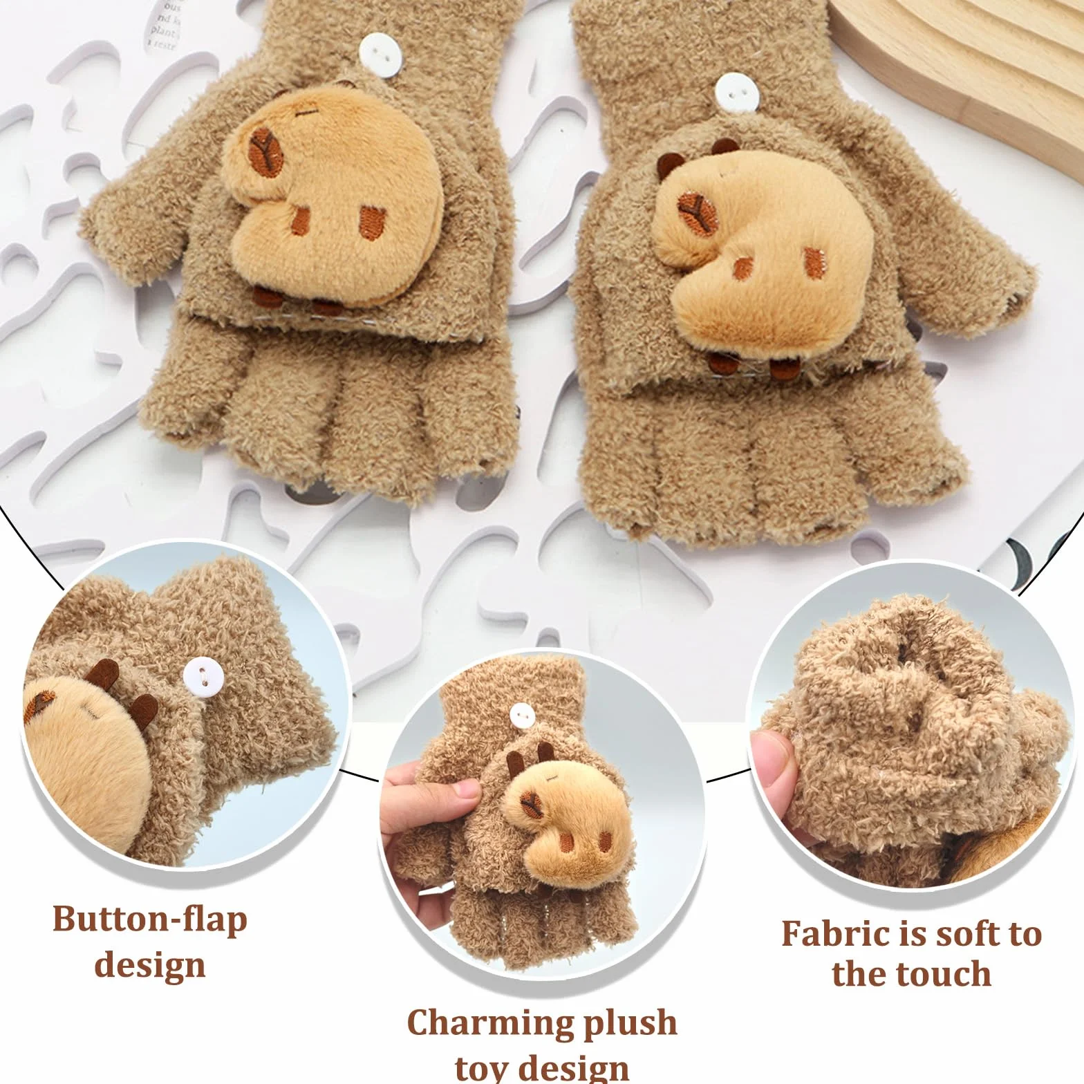 Guantes Sin Dedos para Niños Capibara, Guantes Térmicos Invierno Flip Top, Manoplas Niño 7-13 Años