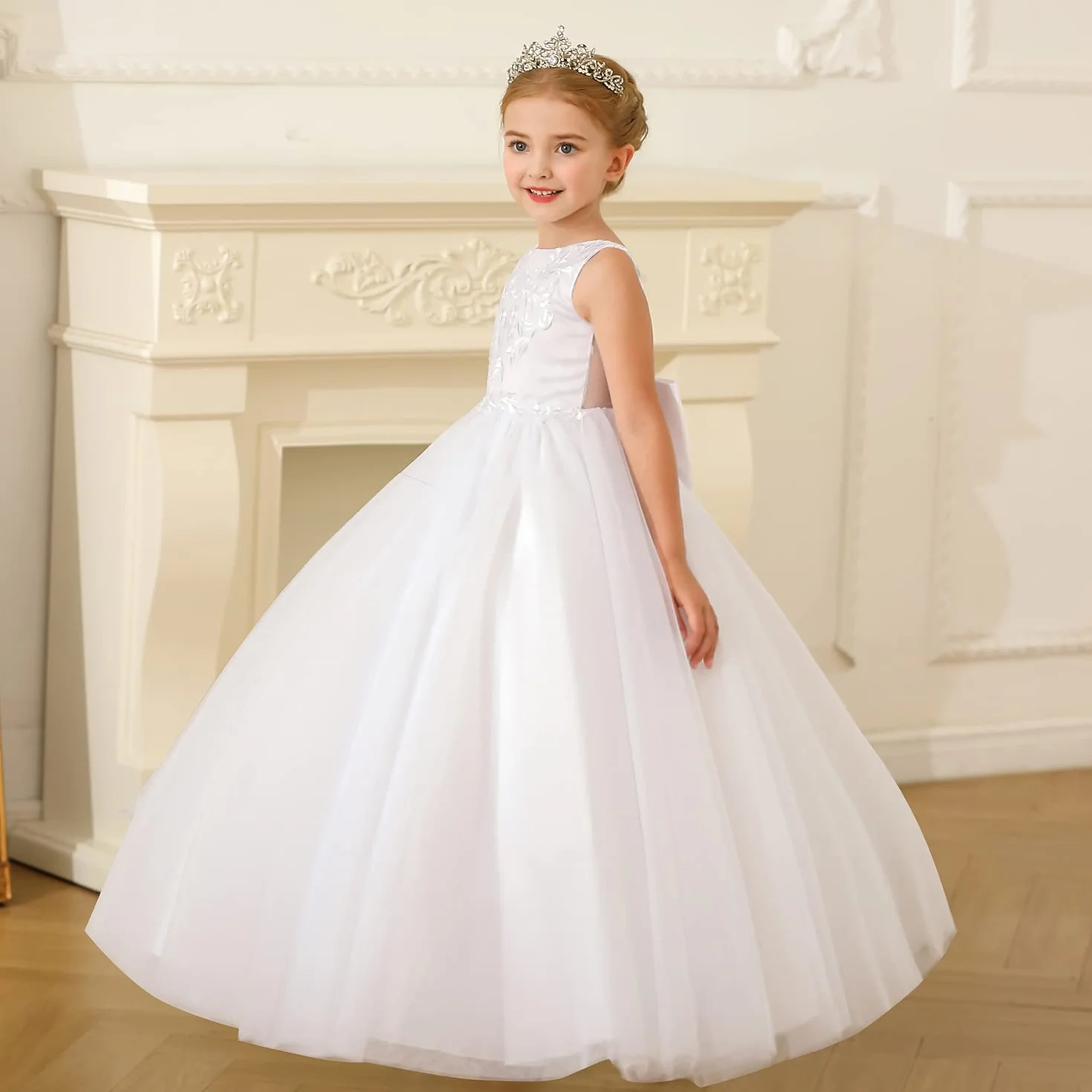 PLWEDDING Vestido de niña bordado de encaje para boda V-espalda con lazo