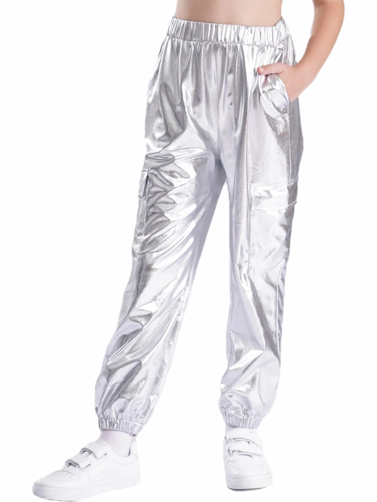 Traje deportivo metálico niña manga larga pantalón holográfico años 70 80