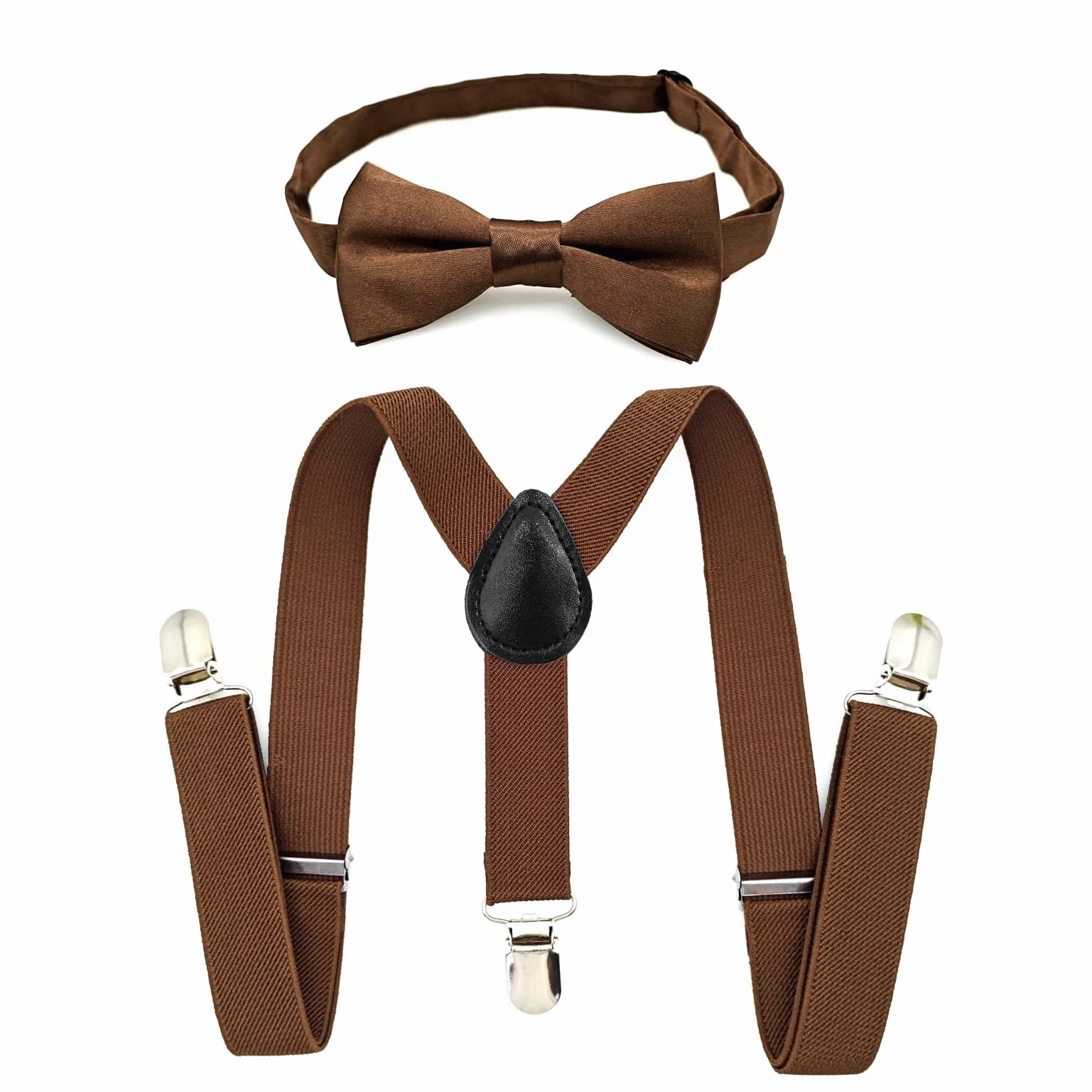 Conjunto de pajarita y tirantes para niños JZK Marrón, ajustable con clip, menos 135cm