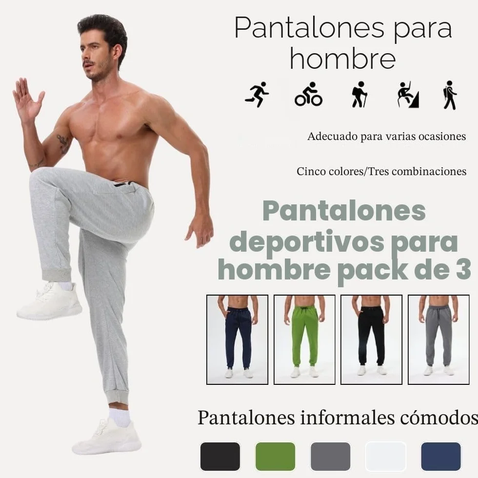 Paquete de 3 pantalones deportivos para hombre con bolsillos con cremallera