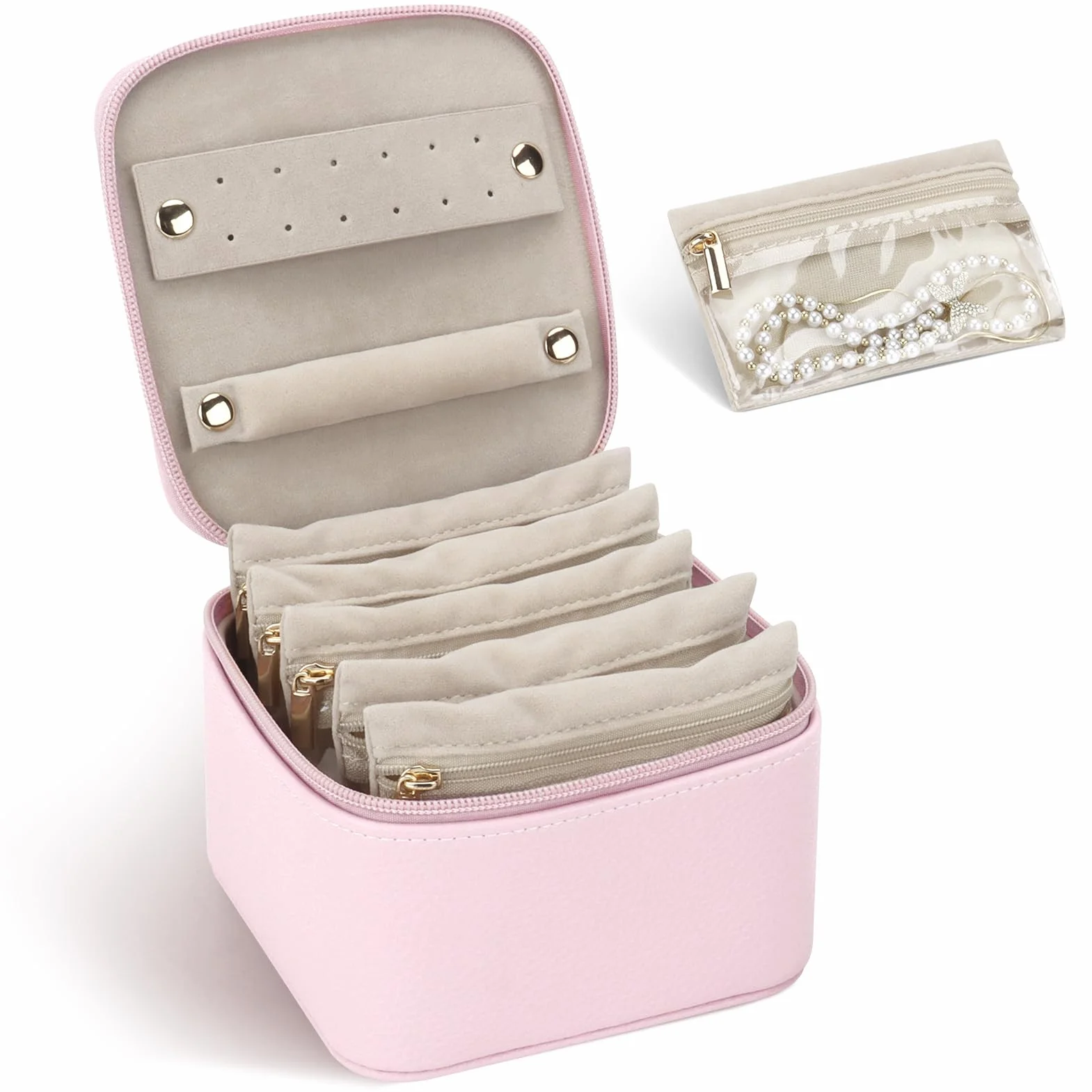 DesignSter Estuche Organizador de Viaje para Joyas, Joyero Pequeño de Poliuretano con 6 Bolsillos Transparentes, Almacenamiento para Aretes y Anillos