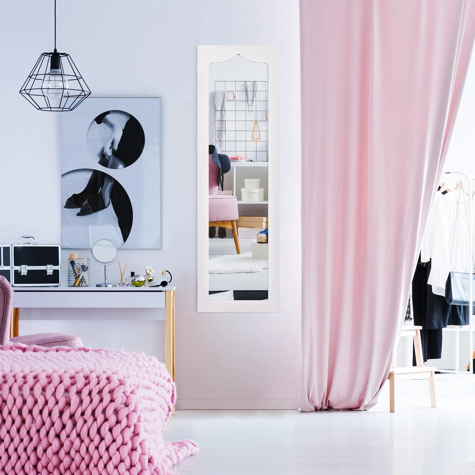 HOMASIS LED Espejo Joyero de Pared con Cerradura y 6 Cajones, Armario para Joyas Blanco