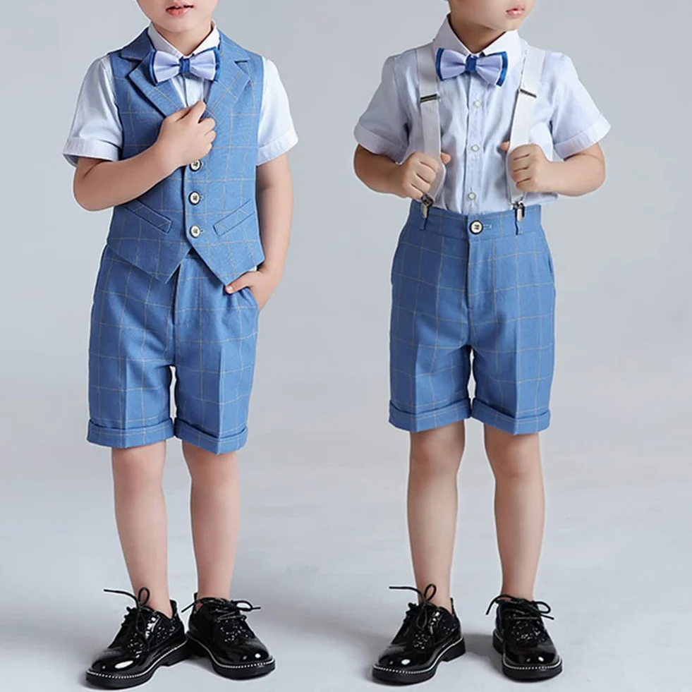 Traje Conjunto de Bebés Niños para Bautizo Comunión,Elegante Niño Pequeño Traje Formal de Bodas de Fiesta,Conjuntos de Top y Pantalónes Camisa Chaleco Pantalones Cortos Verano Ropa para Chicos