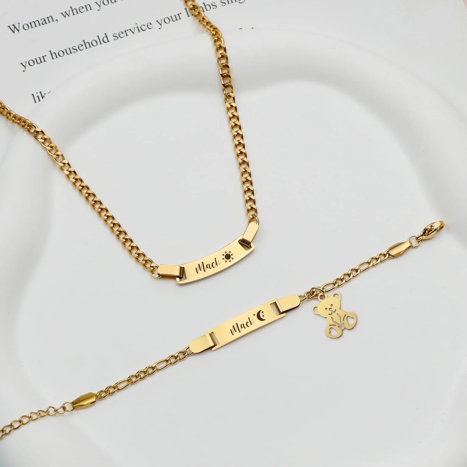 Conjunto de pulsera y collar personalizados con grabado de nombre, texto y fecha de nacimiento para bautizos