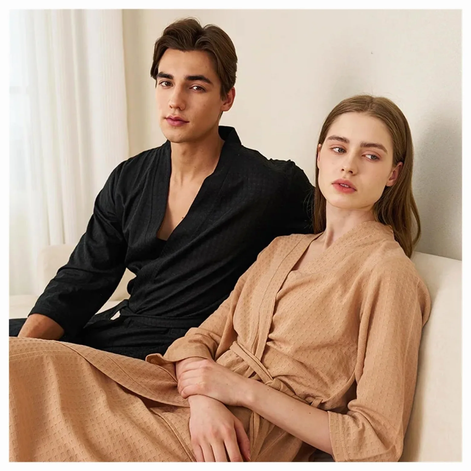 Albornoz Mujer Rizo Albornoz de verano fino y absorbente con diseño gofre for mujer hombre, camisón sencillo longitud media for, toalla baño transpirable