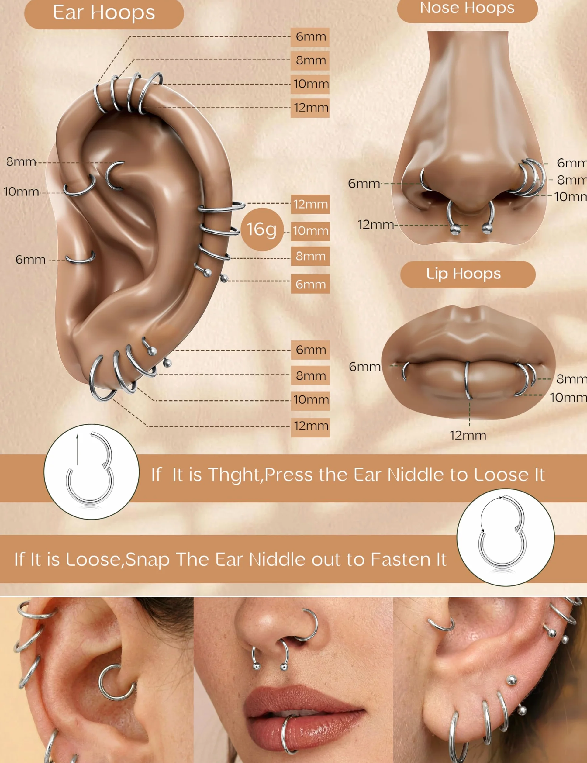 JeweBella 16 Piezas Aro Piercing Nariz Acero Quirúrgico Cartílago Segmento Clicker Anillos 6-12 mm