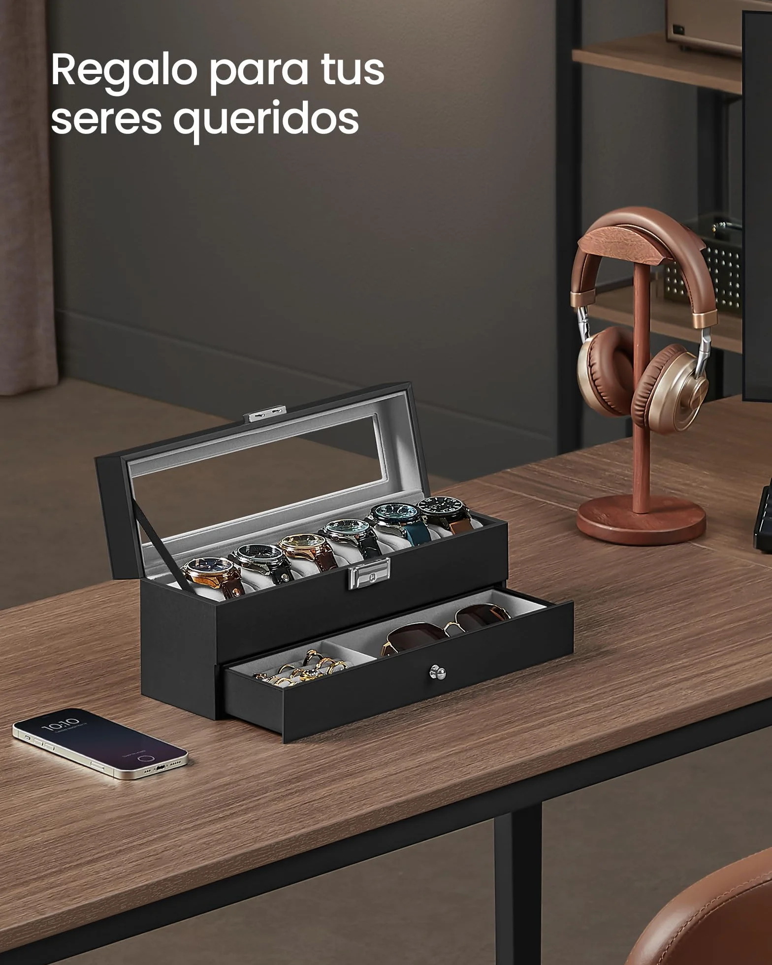 SONGMICS Caja de Reloj 2 Niveles para 6 Relojes, Estuche con Tapa de Cristal y Cerradura, PU Negro