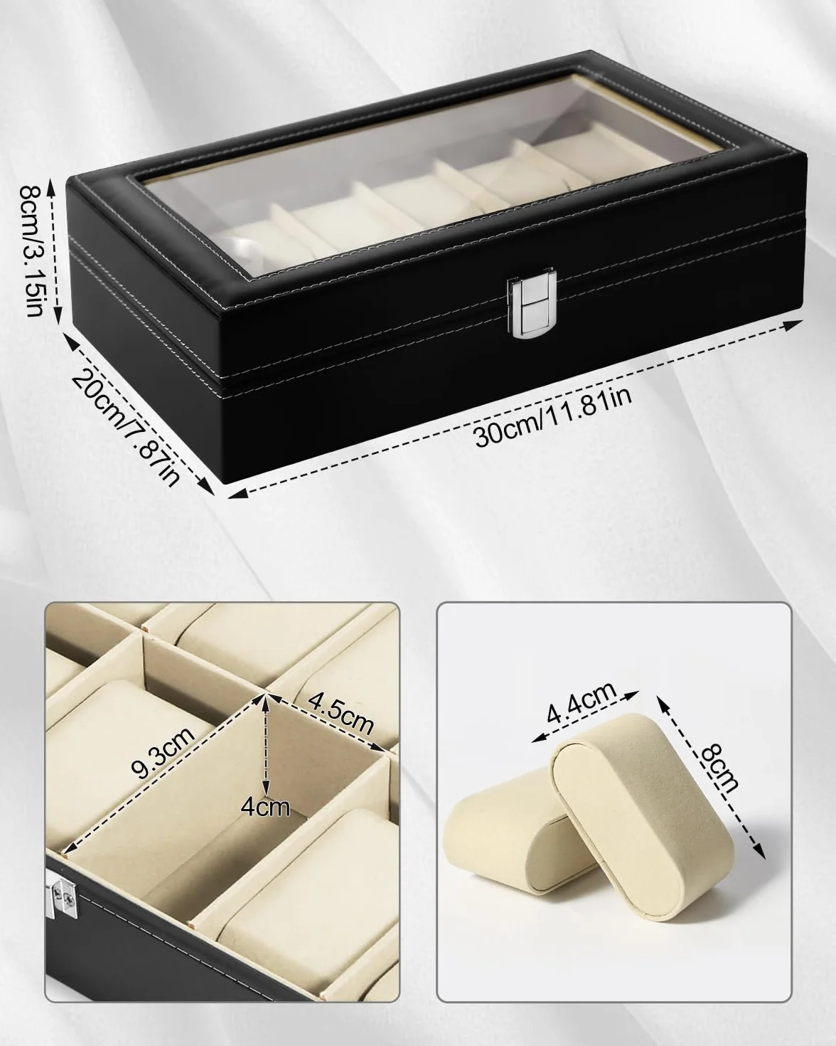 Uten Estuche para Relojes y Joyeros con 12 Rejillas, Forro de Terciopelo, Cubierta de Cristal