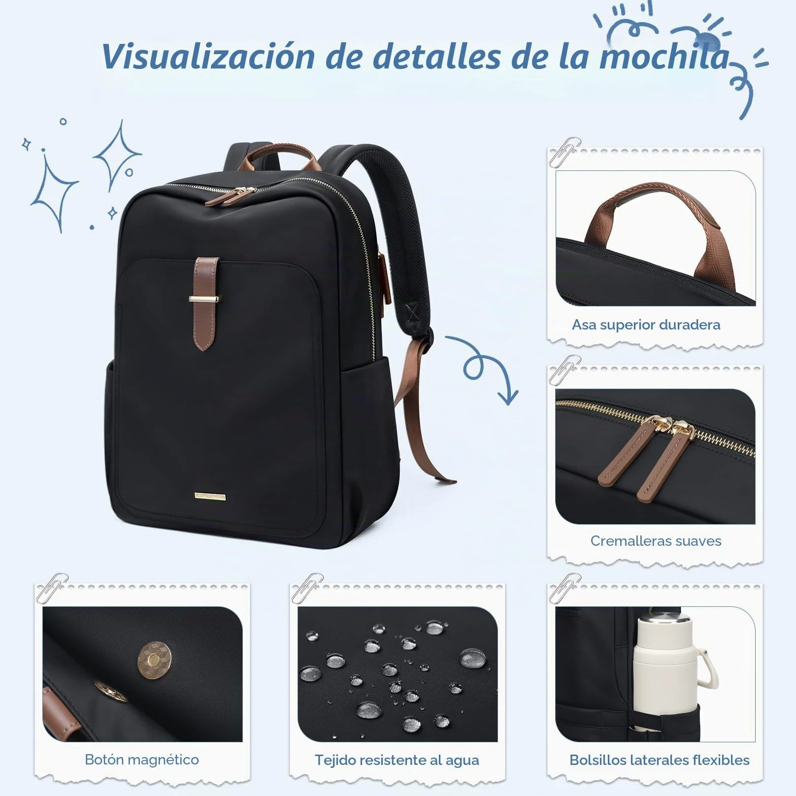 Mochila Portátil 15.6 Pulgadas para Mujer, Mochila Elegante y Casual Multifuncional, Impermeable para Trabajo, Universidad, Viajes y Uso Diario,Nergo