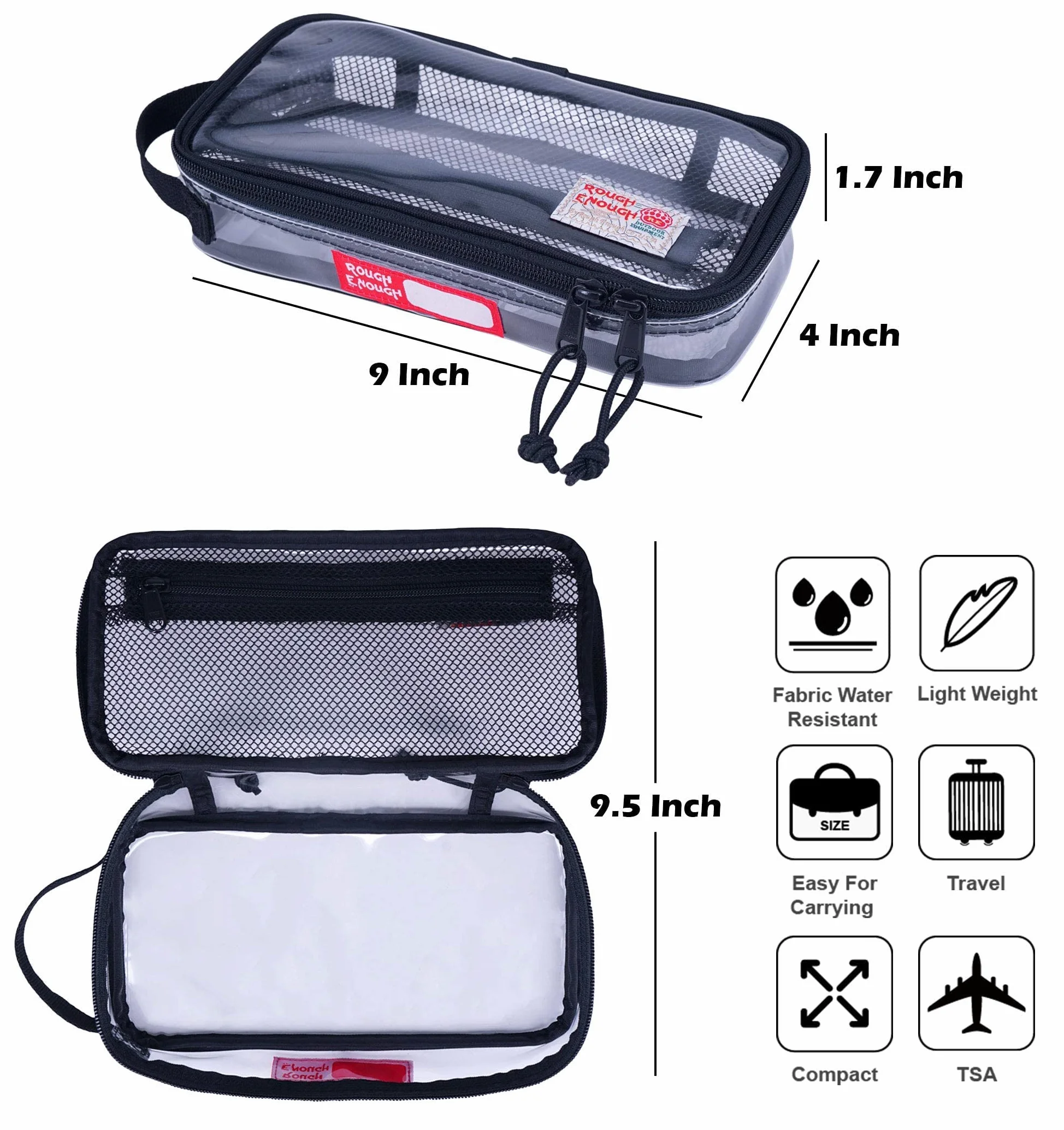 Rough Enough - Neceser Transparente Aprobado por la TSA, Estuche para Cepillo de Dientes de Viaje, Bolsa organizadora para Hombres y Mujeres, Black, S, Neceser de Viaje Transparente Aprobado por la