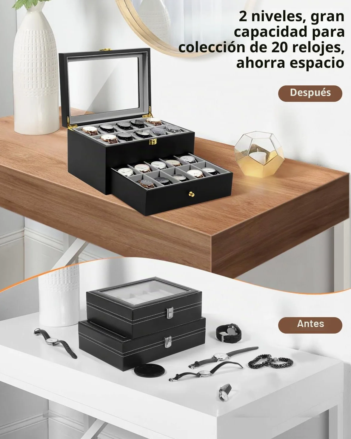 Uten Estuche para Relojes de Madera 2 Capas 20 Compartimentos Joyero