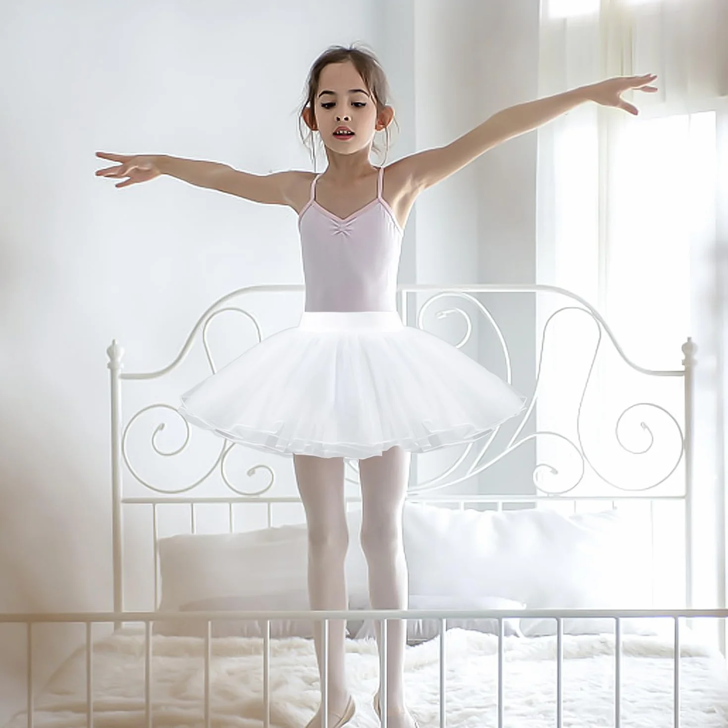 Vestido Blanco de Tutú para Niñas, Falda de Ballet de Tul Elástico