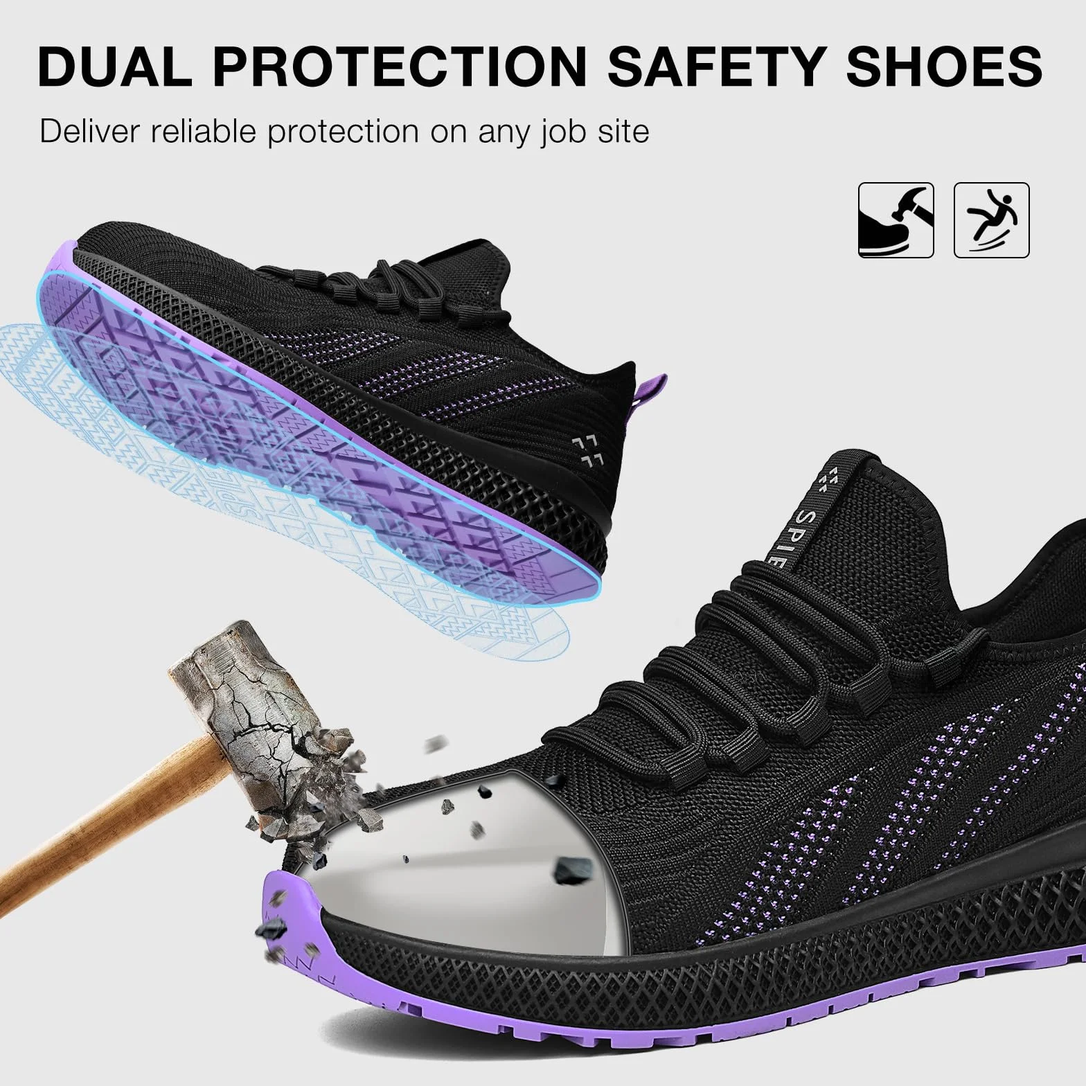 SPIEZ Zapatos de Seguridad Mujer, Zapatos de Trabajo Ligeros con Puntera de Composite, Negro-Morado, EU 35-41
