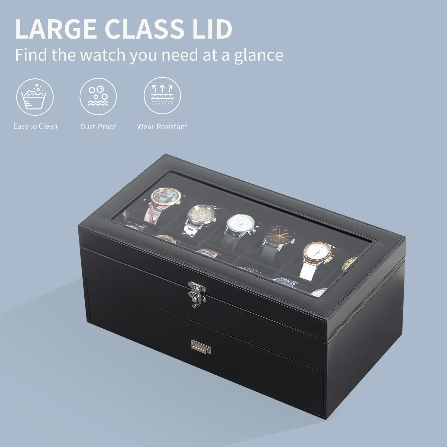 AUTOARK Caja organizadora de 24 relojes con tapa de vidrio y cajón de joyas de cuero y terciopelo, negro MKAW035
