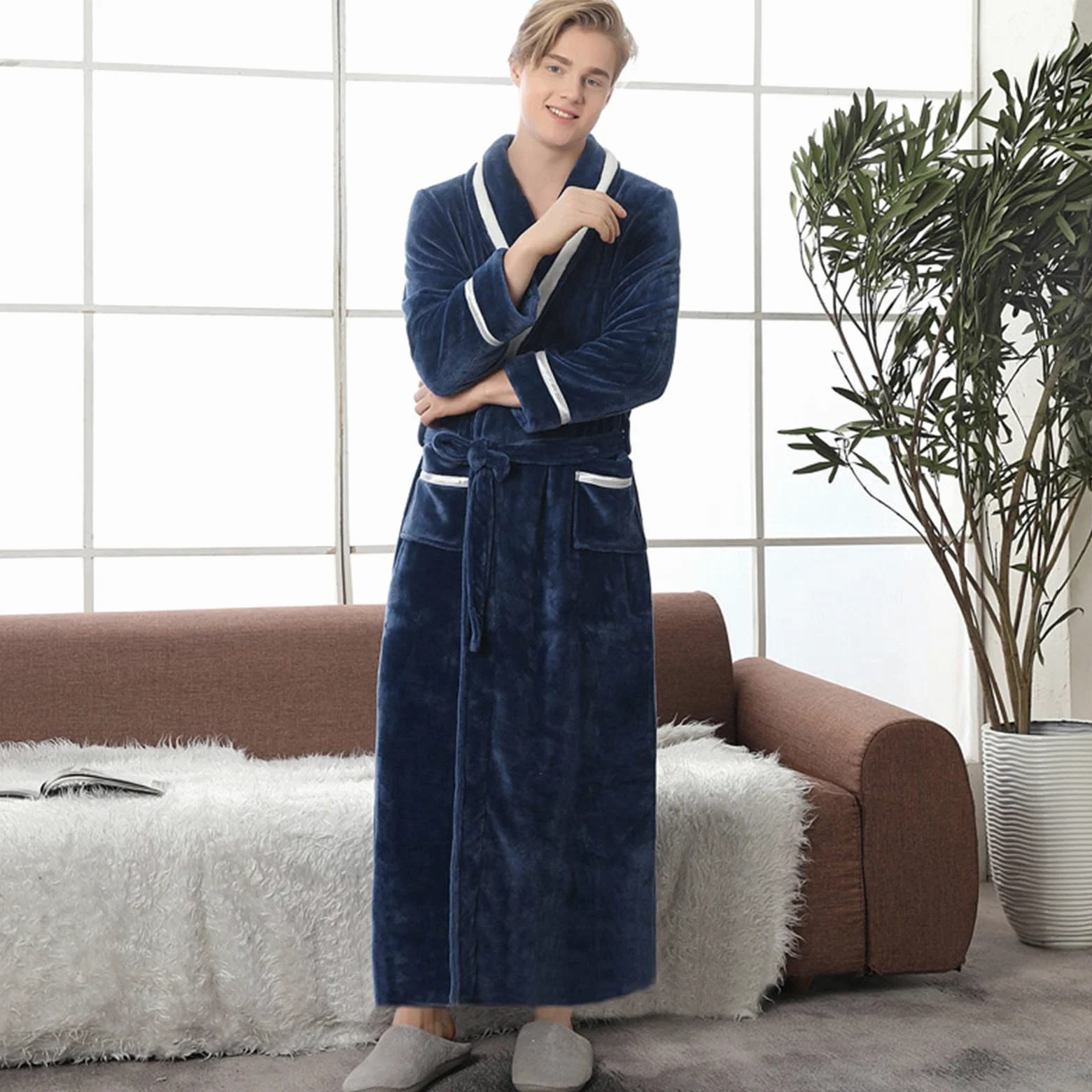 Albornoz de hombre de algodón, albornoz de mujer de microfibra, elegante, albornoz de microfibra para hombre y mujer, con bolsillos, capucha y cinturón, bata de noche larga muy suave para