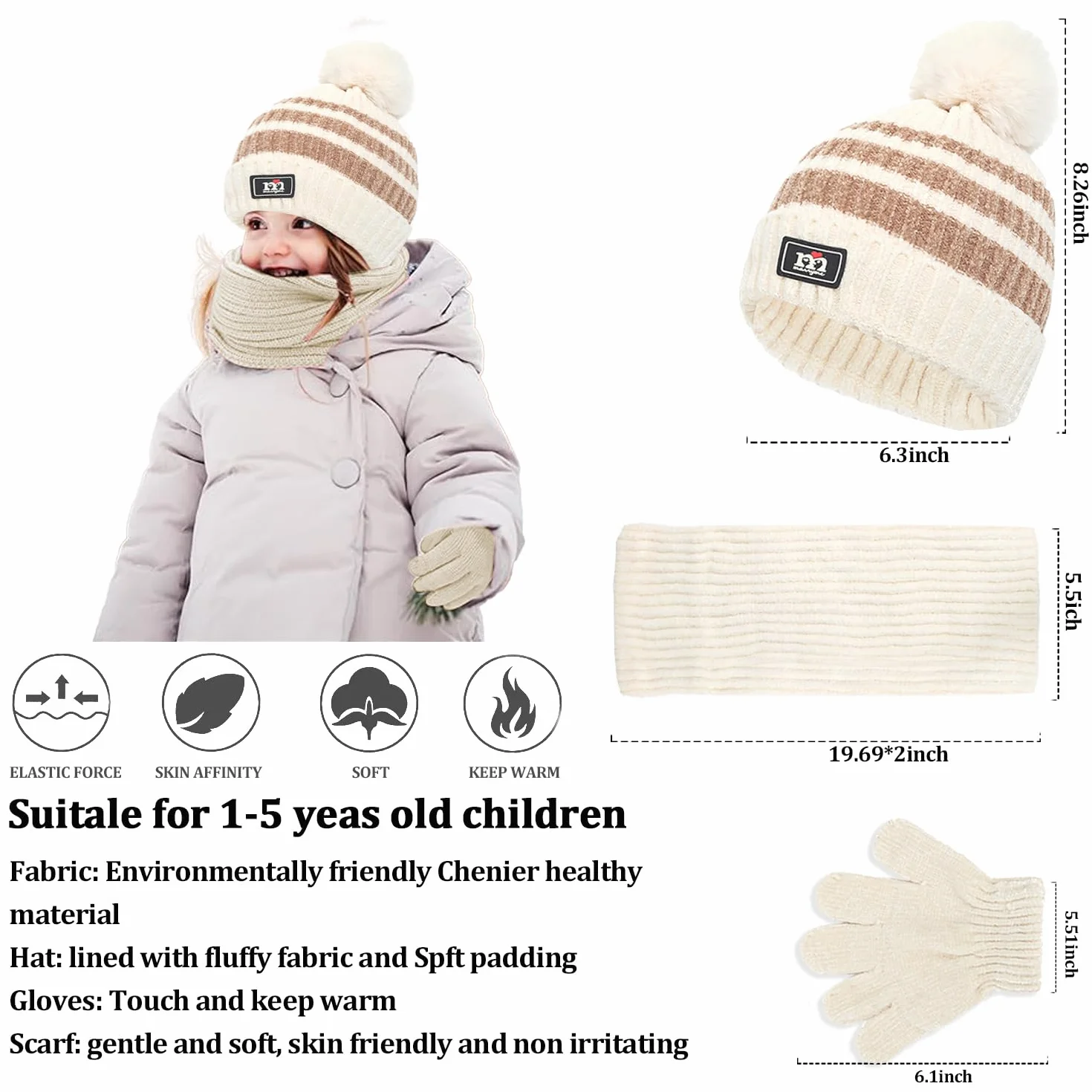 JFAN 3in1 Conjunto de Gorro Guantes y Bufanda de Invierno para Niños Térmico con Pompon Chenille 1-5 Años