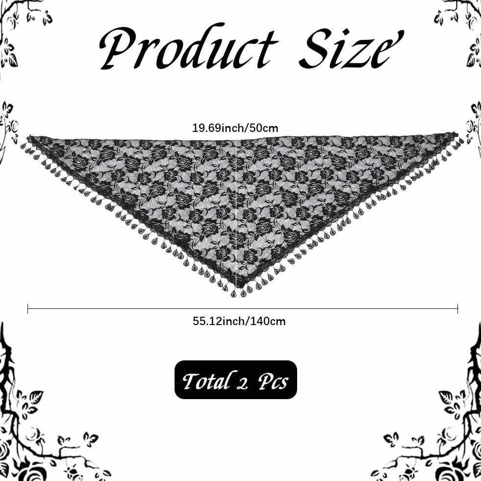 2 Velo Triangular de Encaje de Poliéster con Flores, Diade de Encaje, Chal, Bufanda Latina, Diade de Rosas Negras, Mantilla, Cátedra, Velo de Capilla para Mujeres, Da de Honor de Bodas