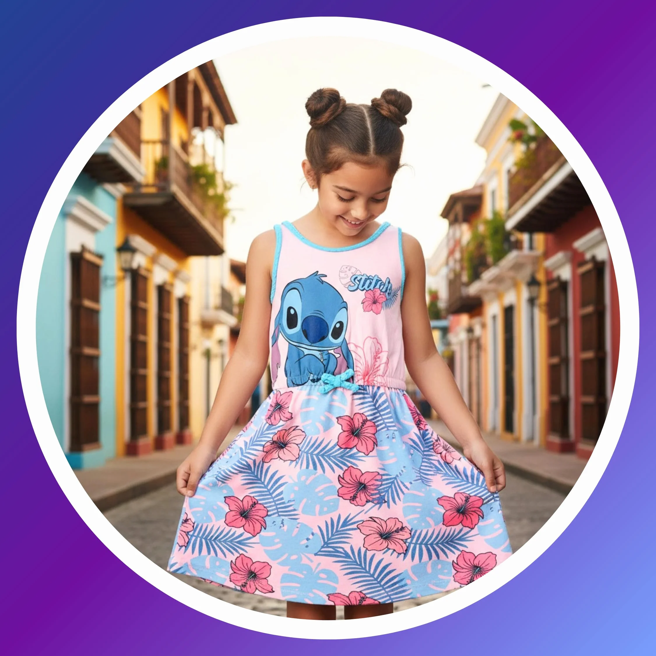 Disney Stitch Vestido para Niña Algodon Suave Tropical Manga Corta Tallas 3-8 Años