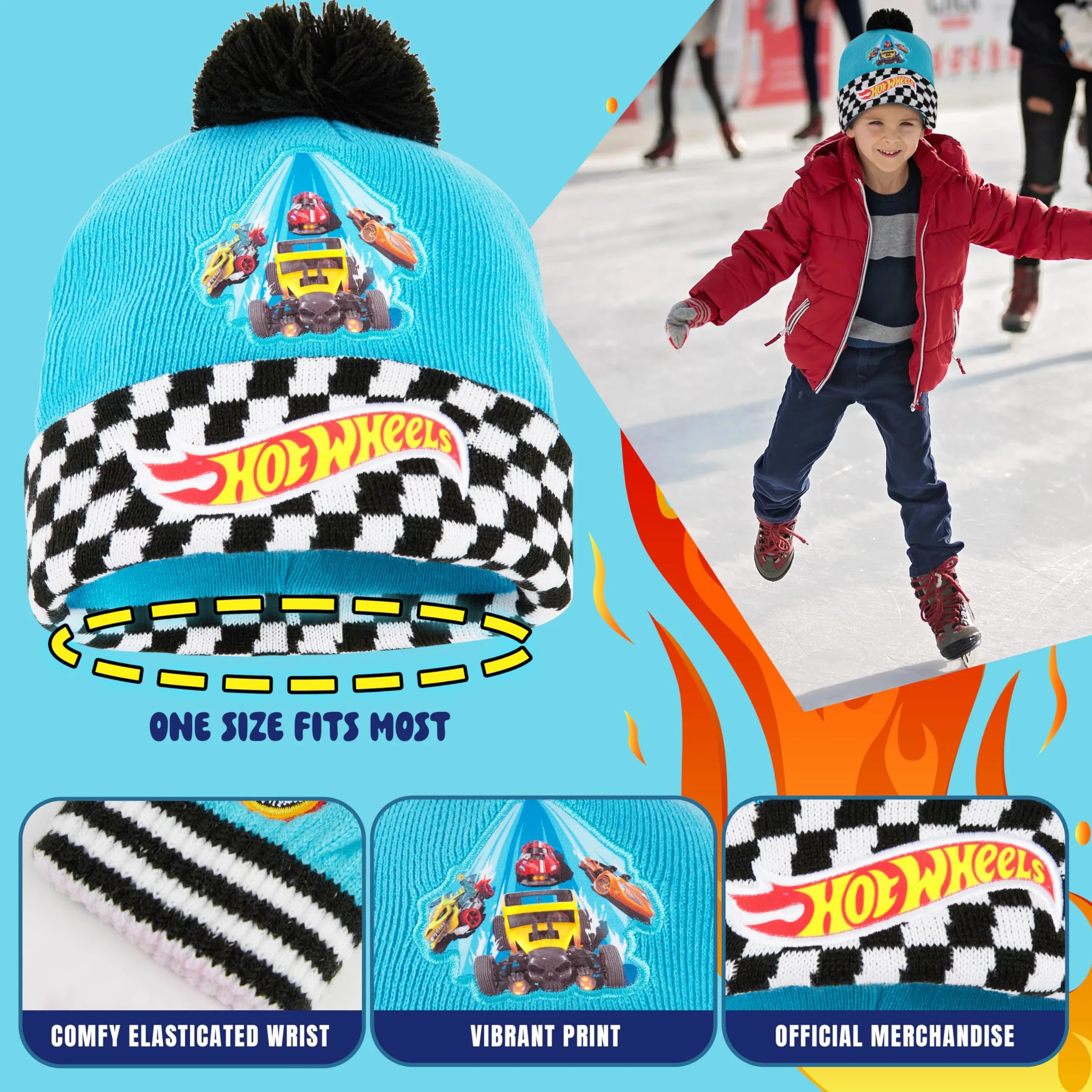 Hot Wheels Set de Invierno 3 Piezas Gorro Pompón Bufanda Guantes para Niños